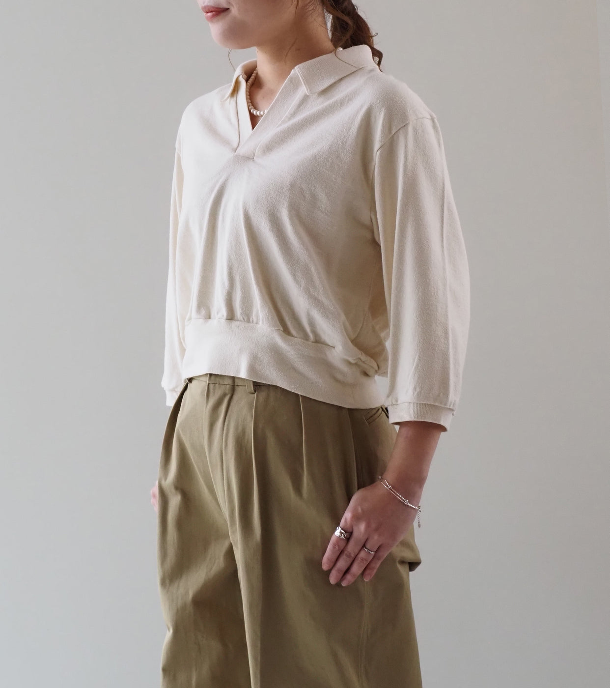 blurhms Women's シルクネップ スキッパー クロップド スリーブ , Ivory