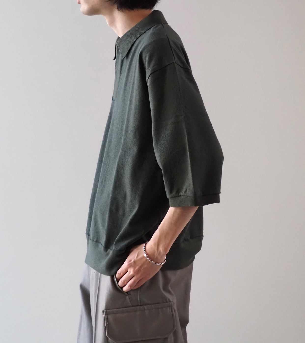 blurhms シルクネップ スキッパー クロップド スリーブ , Khaki