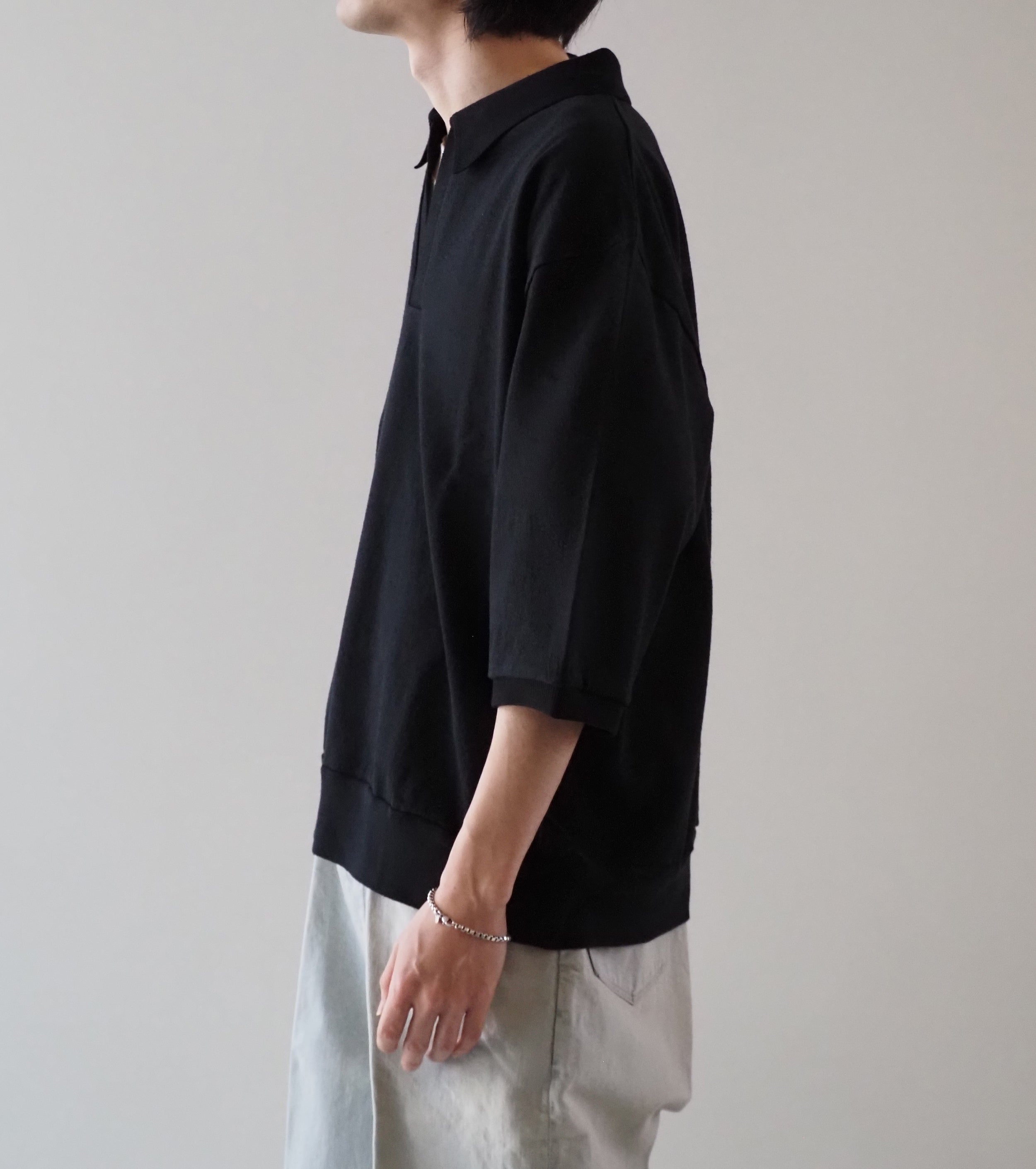 blurhms シルクネップ スキッパー クロップド スリーブ , Black