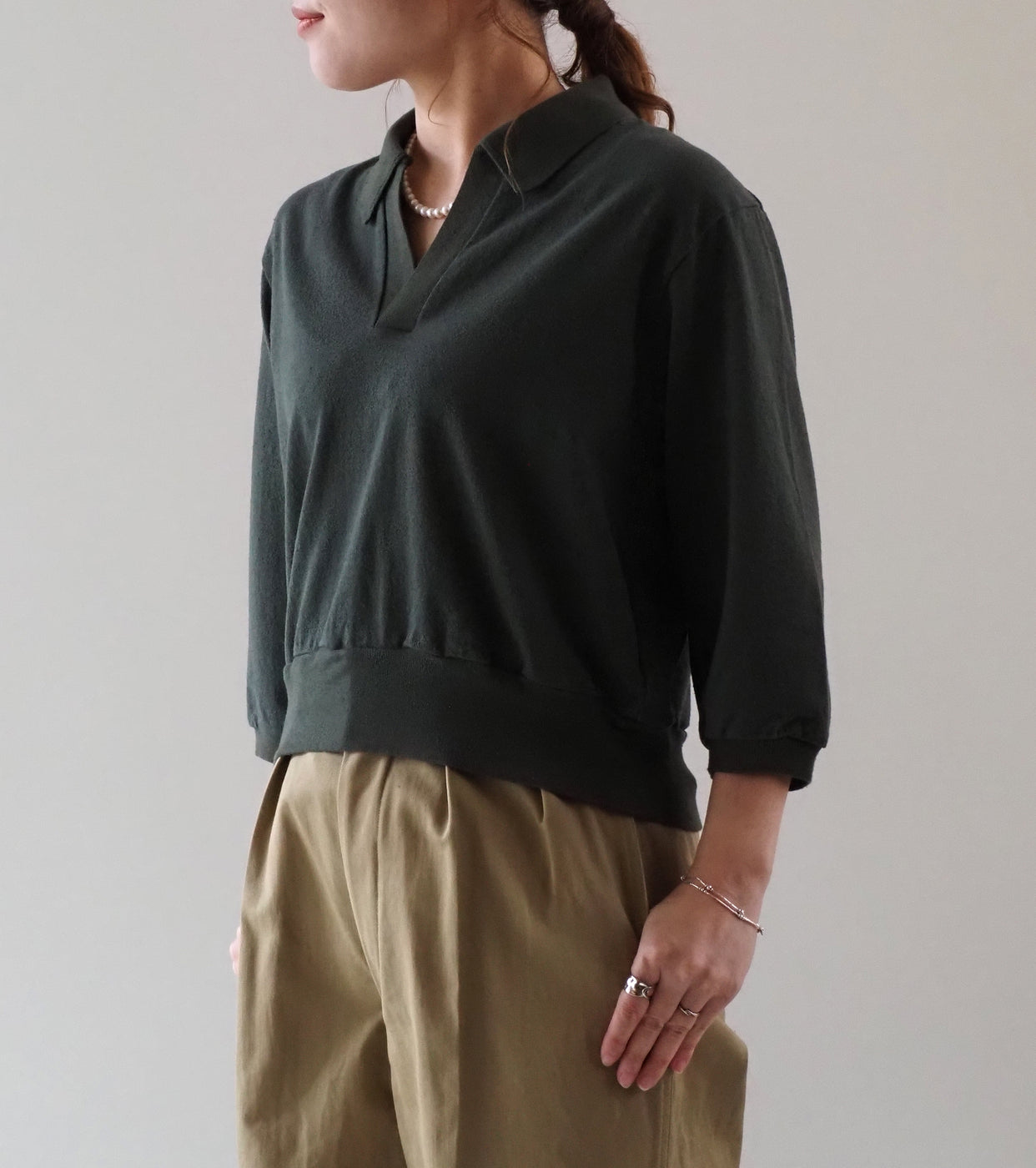 blurhms Women's シルクネップ スキッパー クロップド スリーブ , Khaki