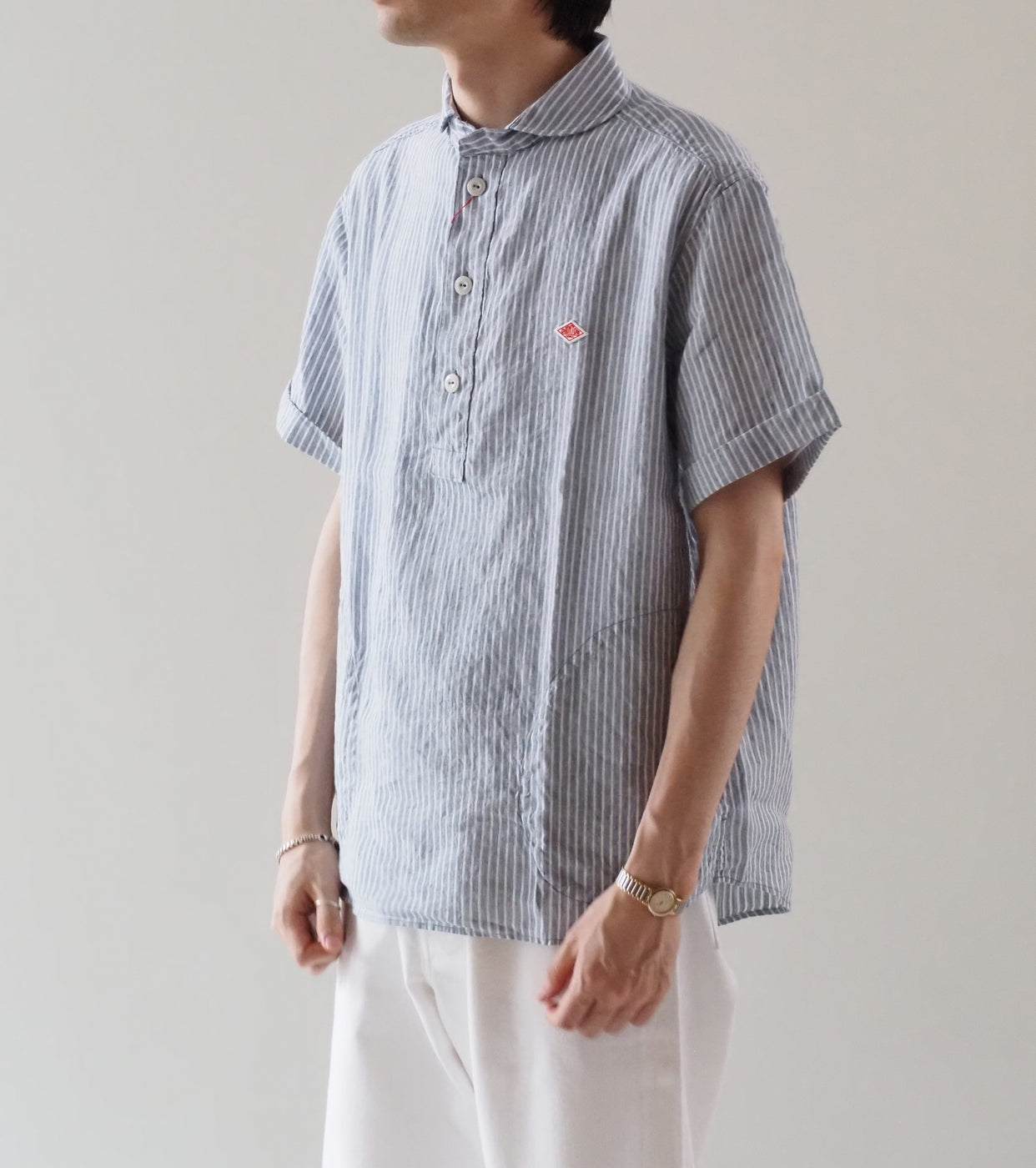 DANTON Linen Round Collar Short Sleeve Pullover Shirt  , Blue Grey Stripe