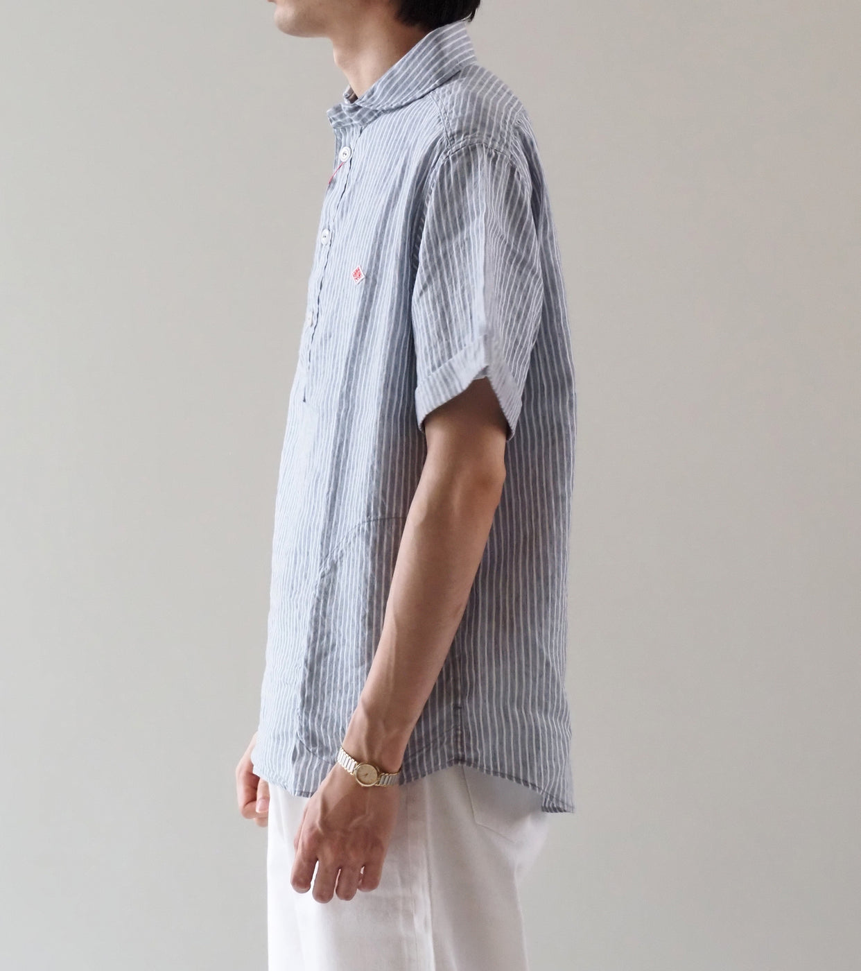 DANTON Linen Round Collar Short Sleeve Pullover Shirt  , Blue Grey Stripe