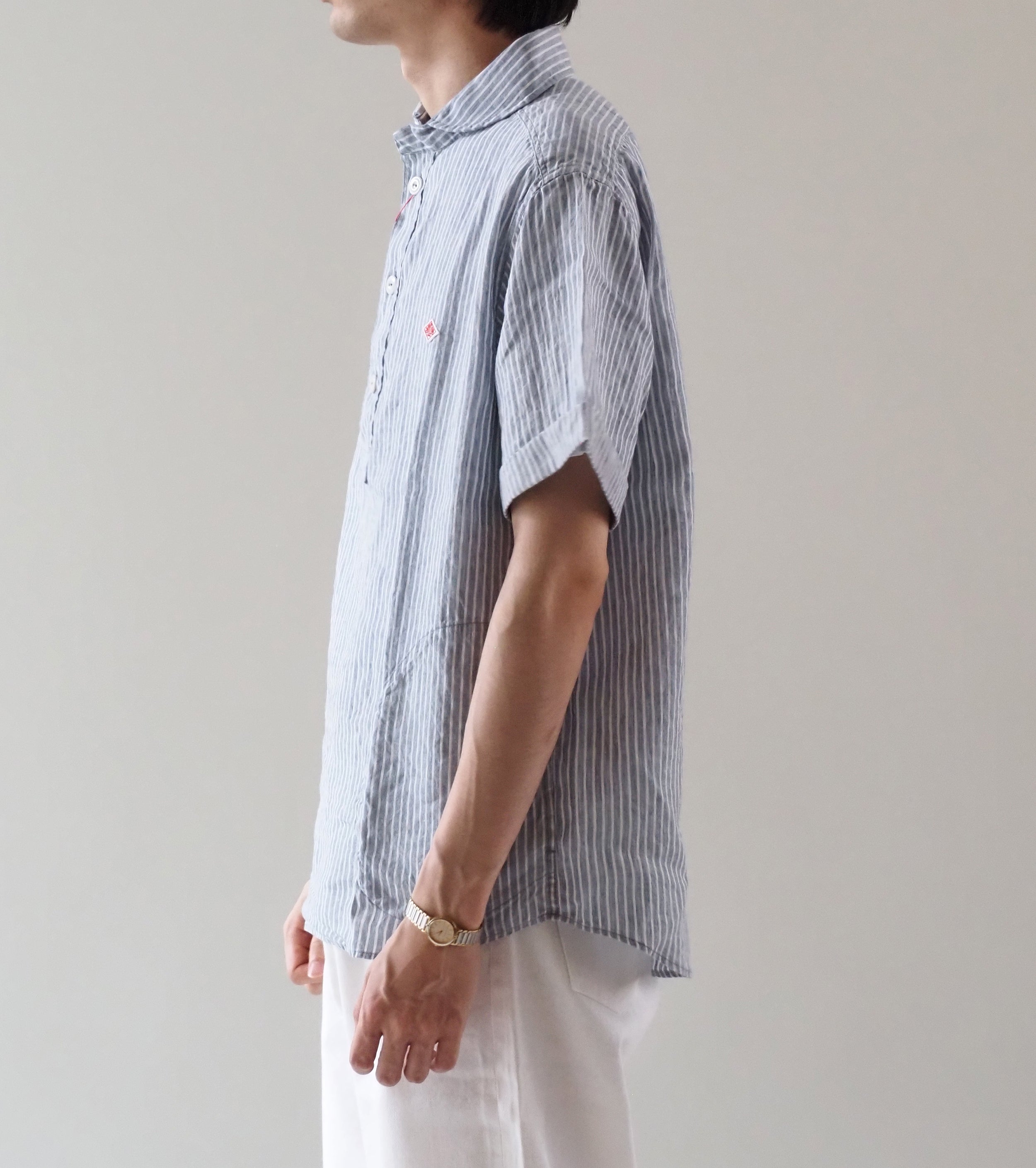DANTON Linen Round Collar Short Sleeve Pullover Shirt  , Blue Grey Stripe