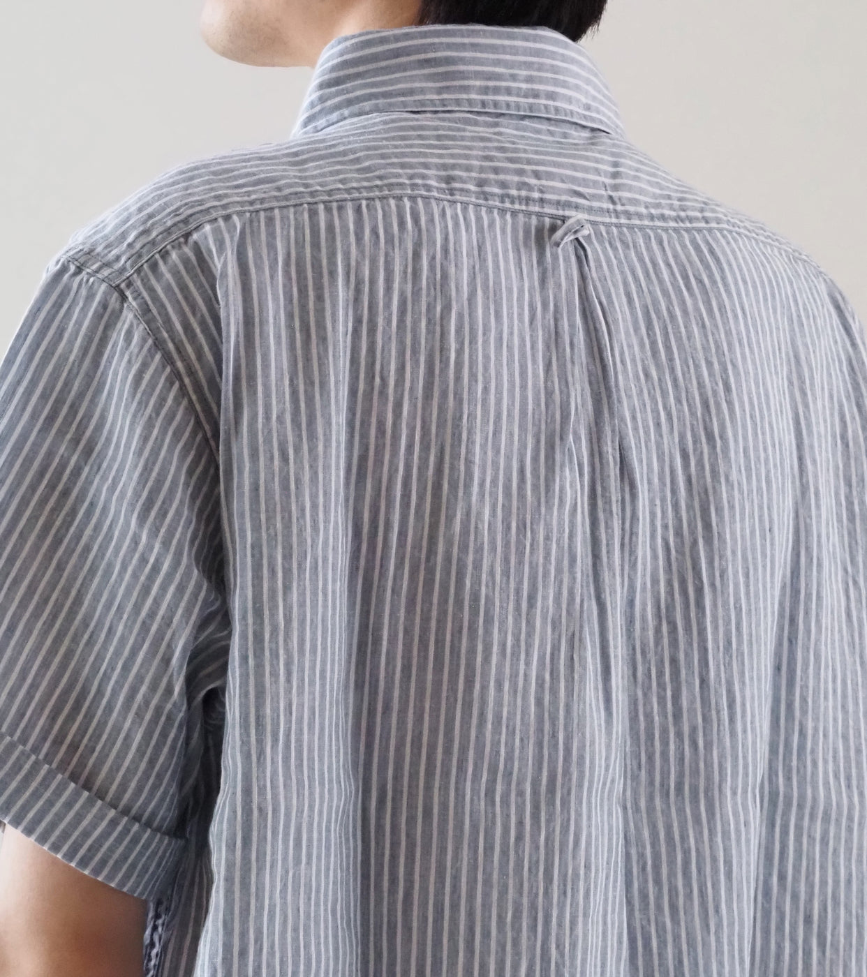 DANTON Linen Round Collar Short Sleeve Pullover Shirt  , Blue Grey Stripe