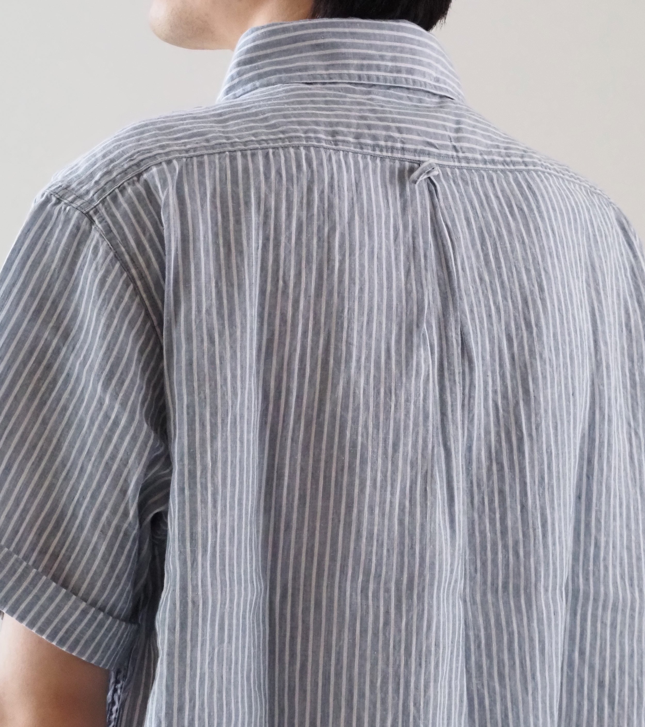 DANTON Linen Round Collar Short Sleeve Pullover Shirt  , Blue Grey Stripe