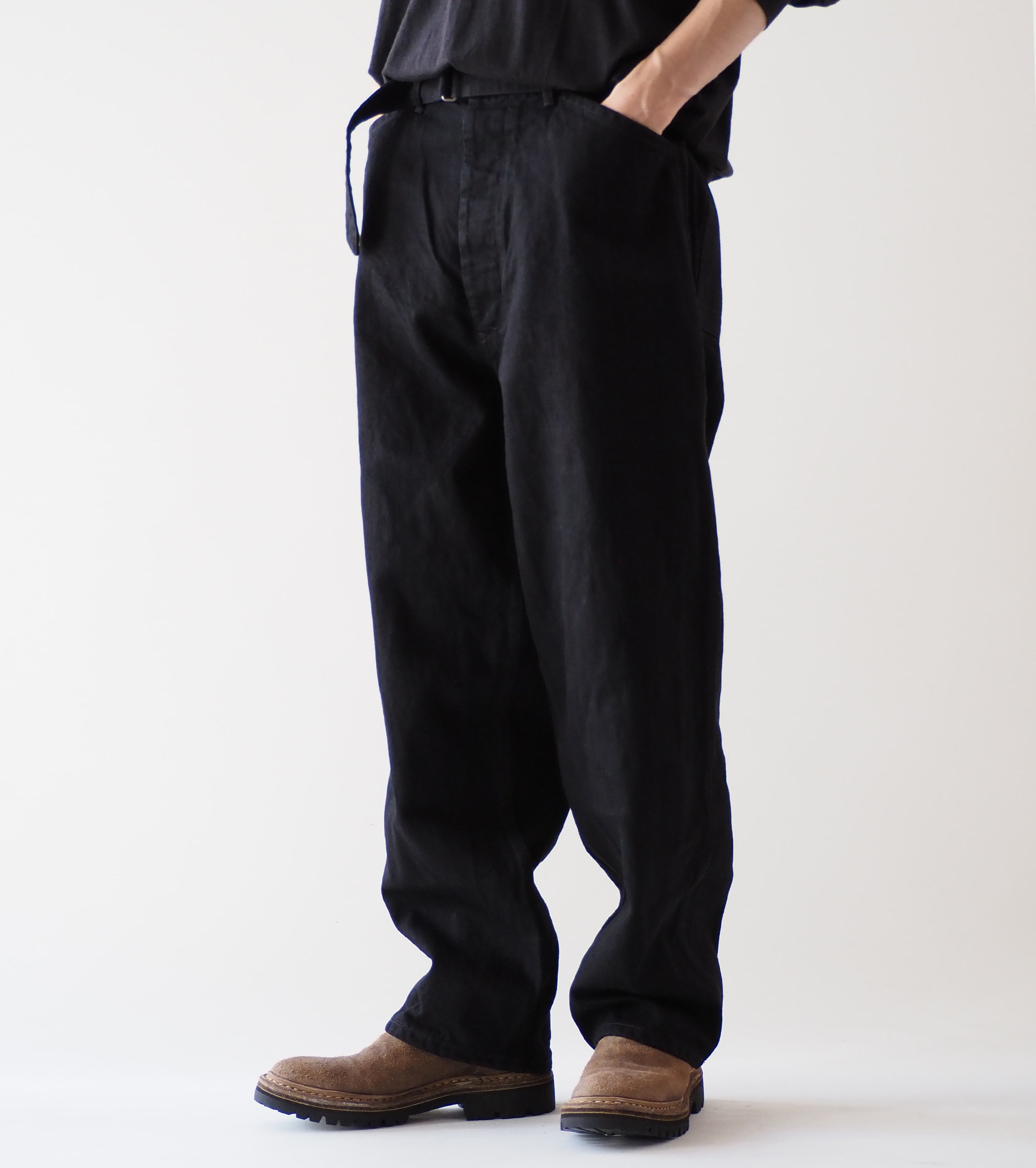 COMOLI Black Denim Belted Pants, Black