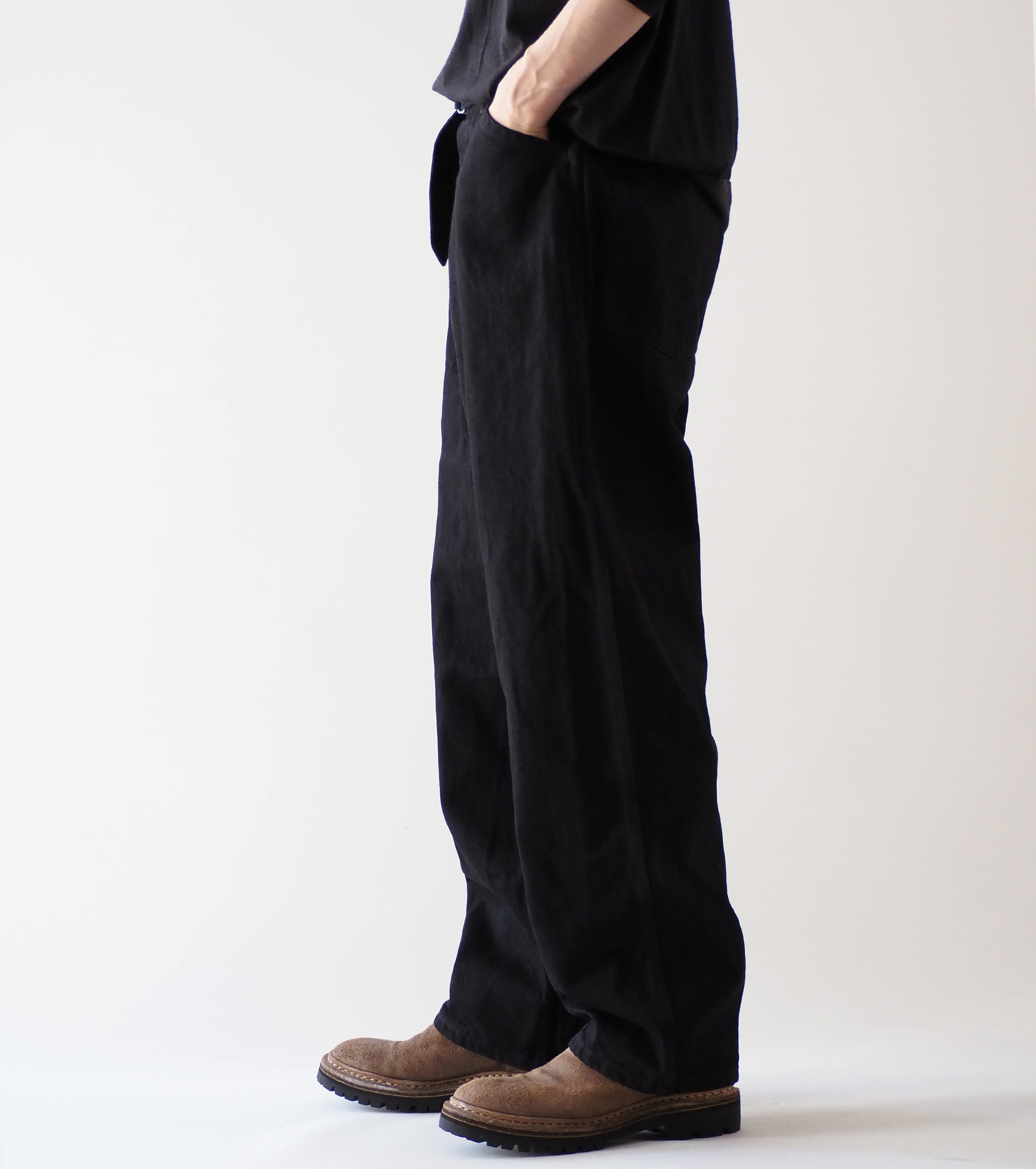 COMOLI Black Denim Belted Pants, Black