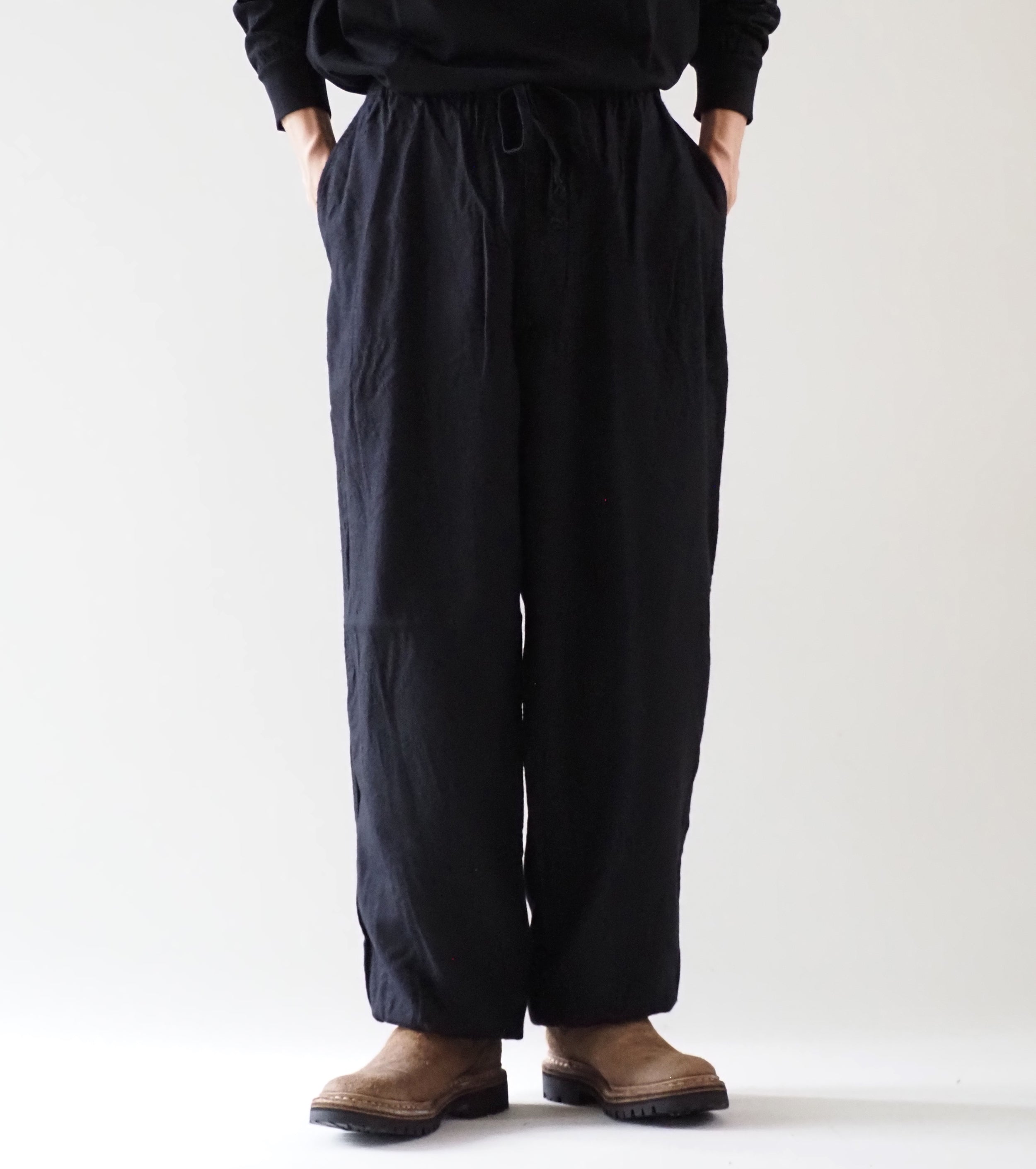 COMOLI カシミヤ シルク 製品染 ドローストリングパンツ, Navy
