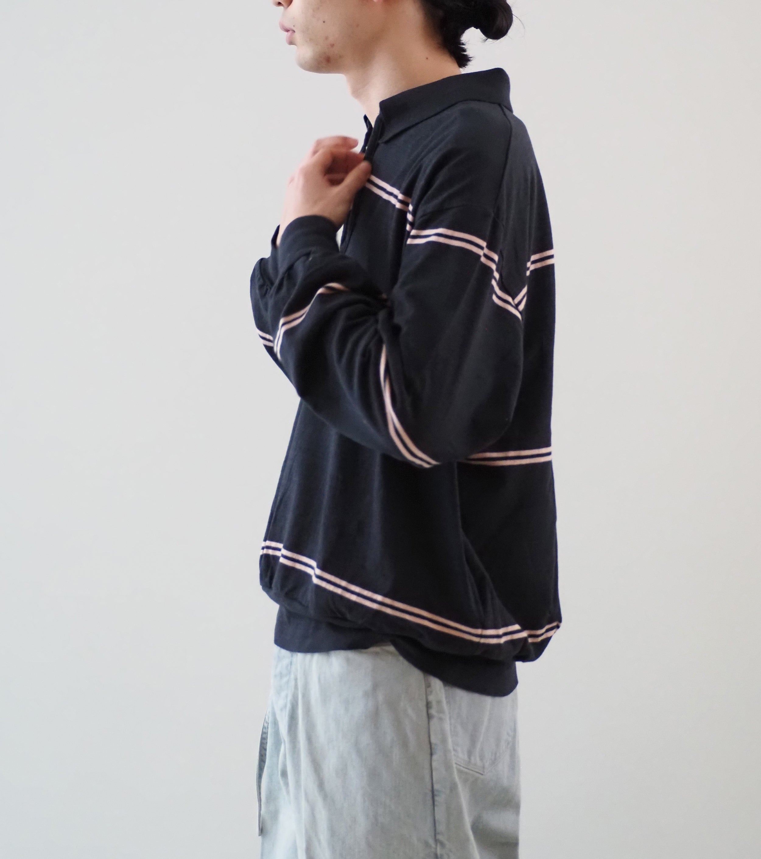 Blurhms コットン ネップ ボーダー スキッパー , Night Black- BODY×Pink Beige-LINE