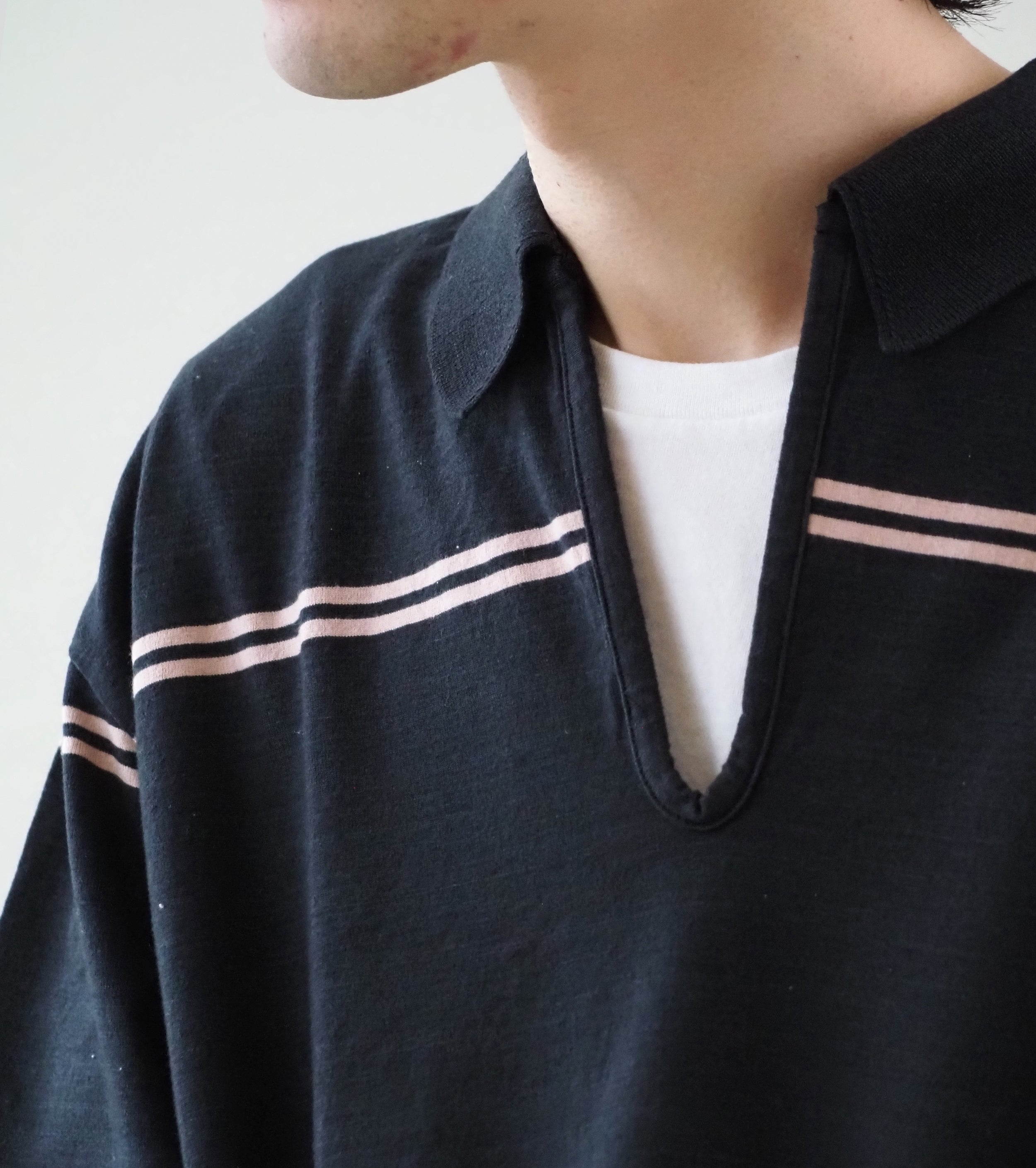 Blurhms コットン ネップ ボーダー スキッパー , Night Black- BODY×Pink Beige-LINE