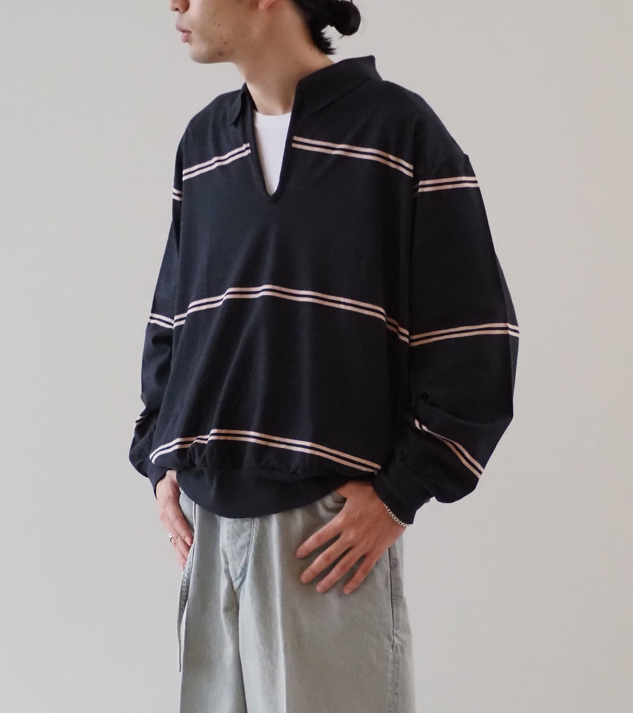 Blurhms コットン ネップ ボーダー スキッパー , Night Black- BODY×Pink Beige-LINE