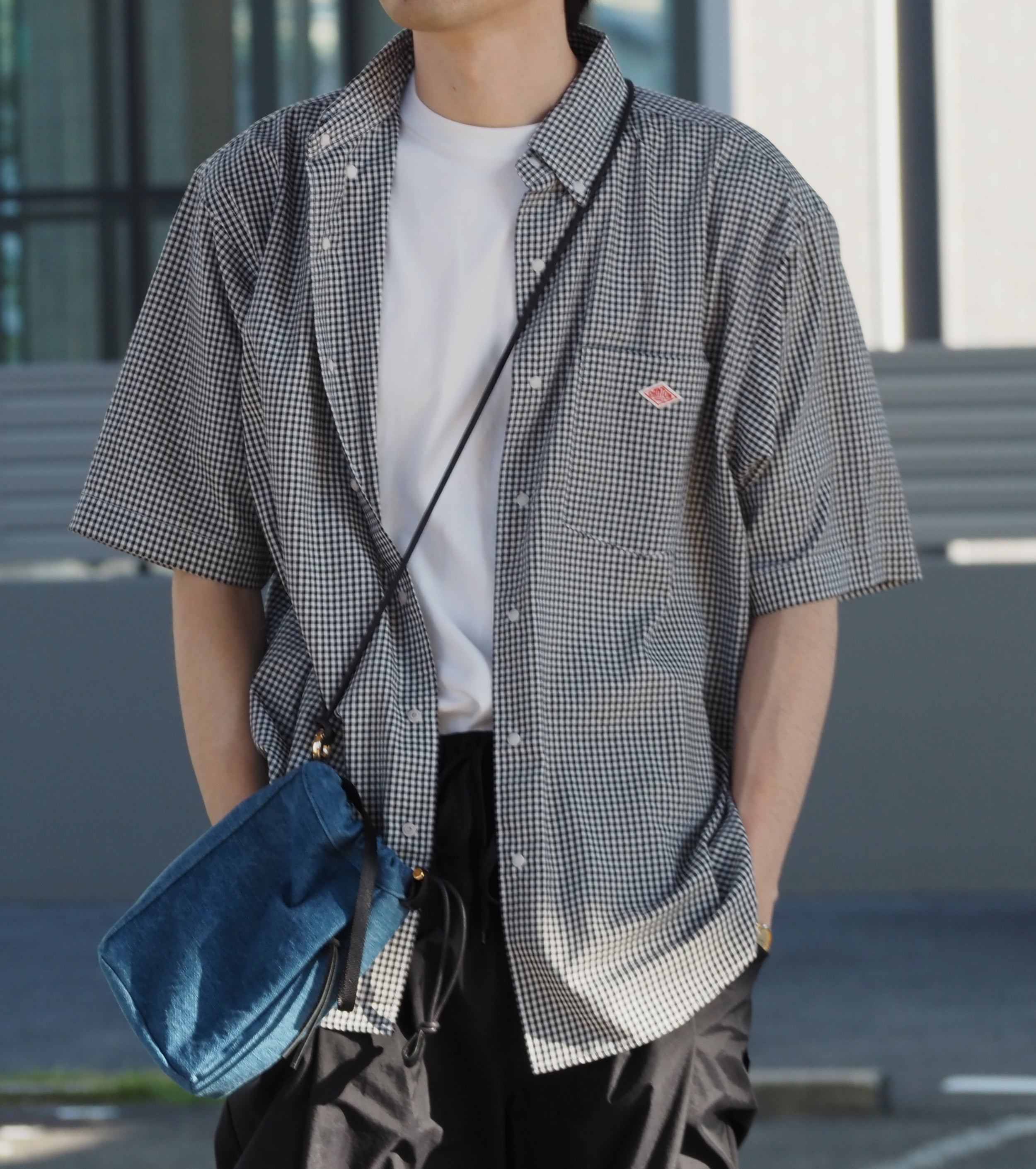DANTON オックス フォード ショート スリーブ ボタンダウン シャツ , Black × Gingham