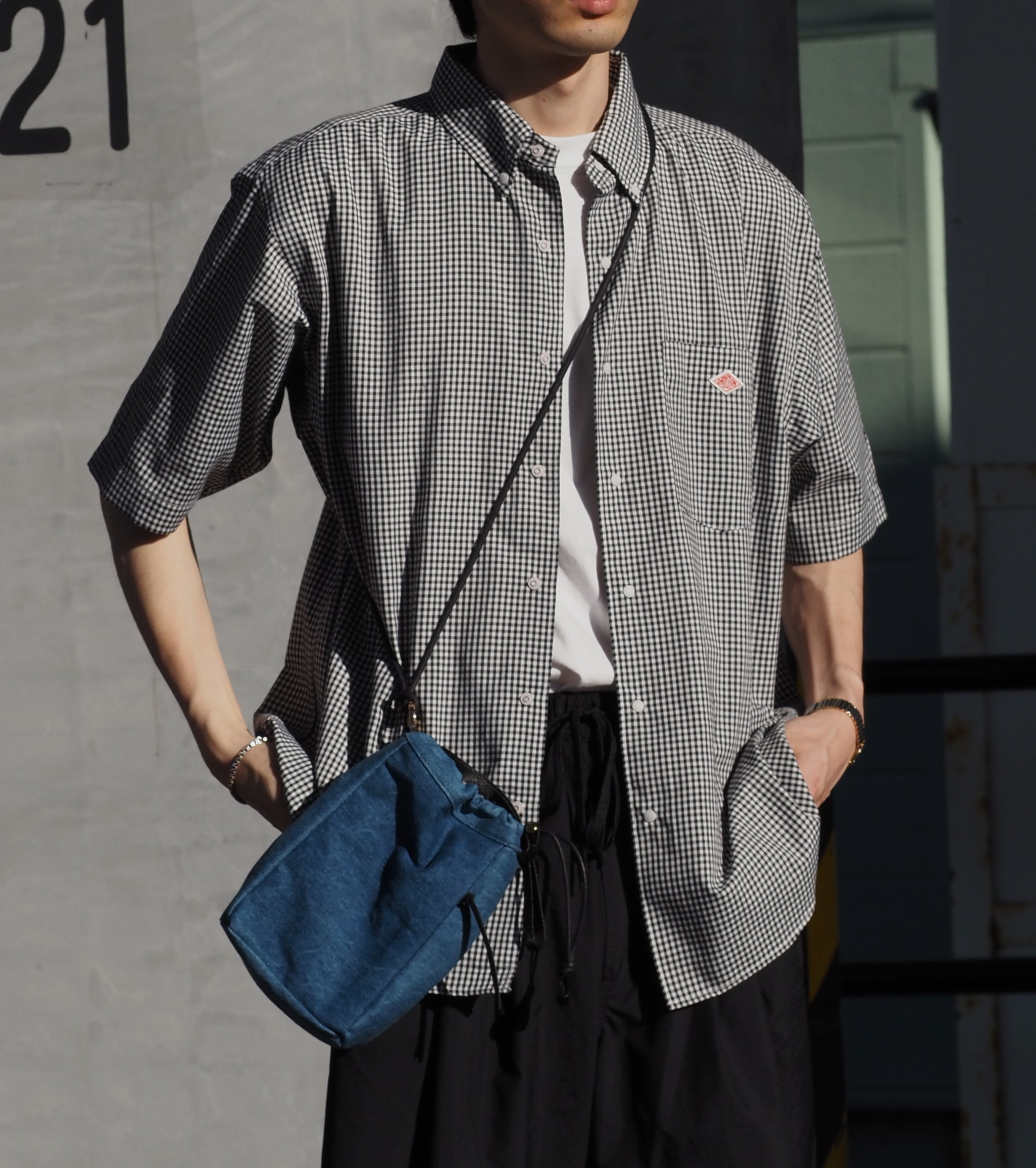 DANTON オックス フォード ショート スリーブ ボタンダウン シャツ , Black × Gingham