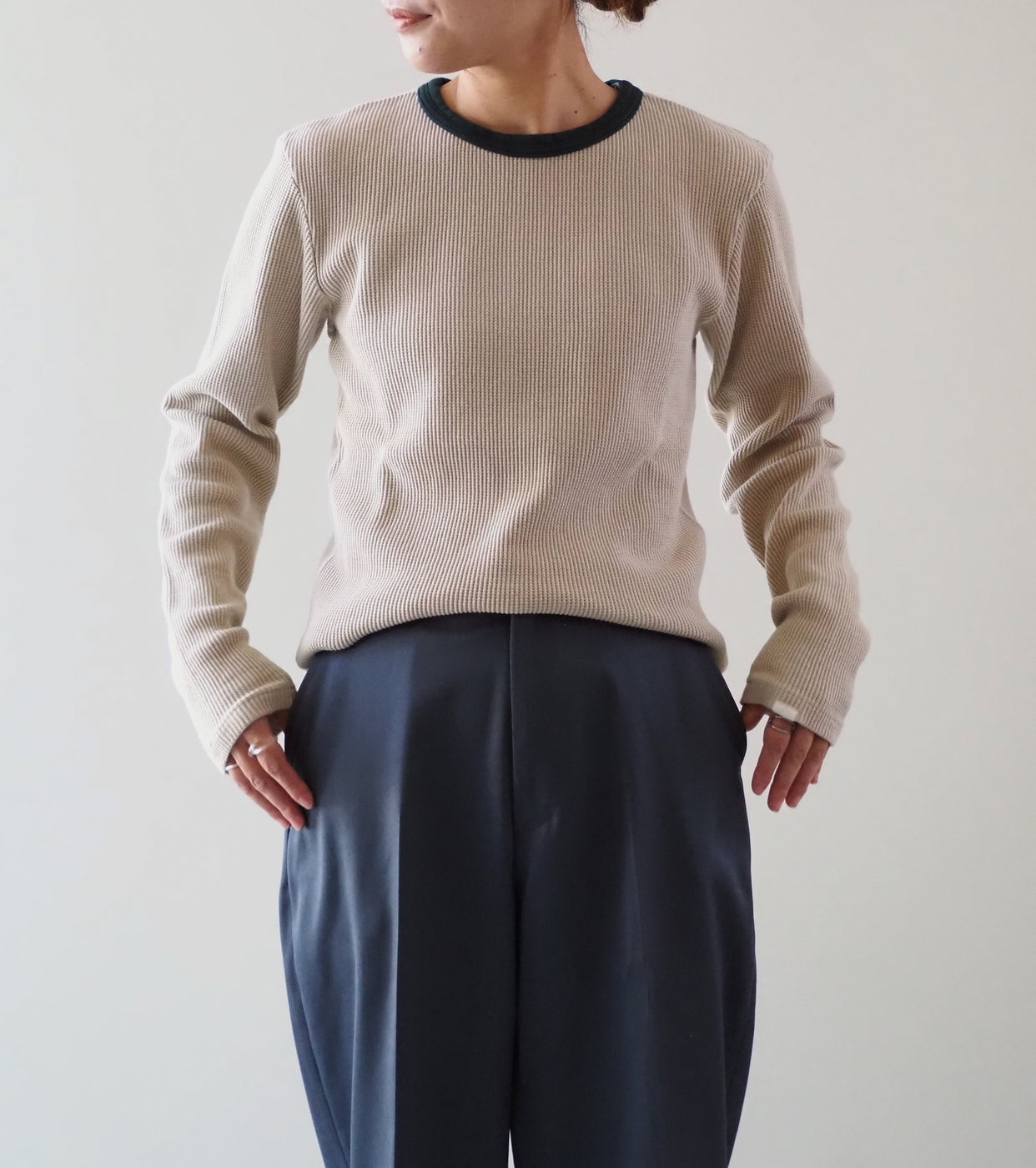 Oblada ワッフル ロング スリーブ , Beige × Green