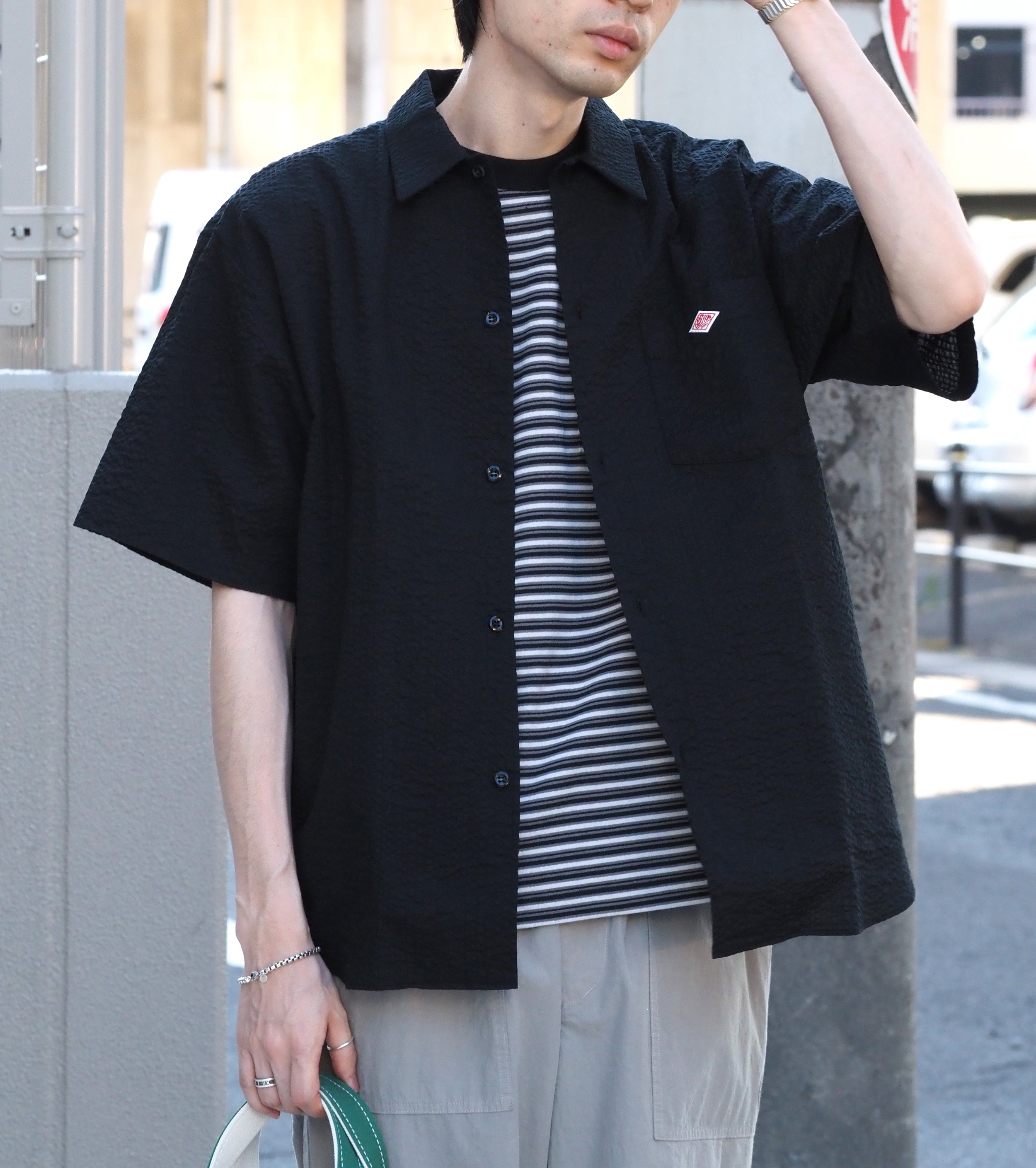 DANTON Seersucker Short Sleeve Work Shirt, Black