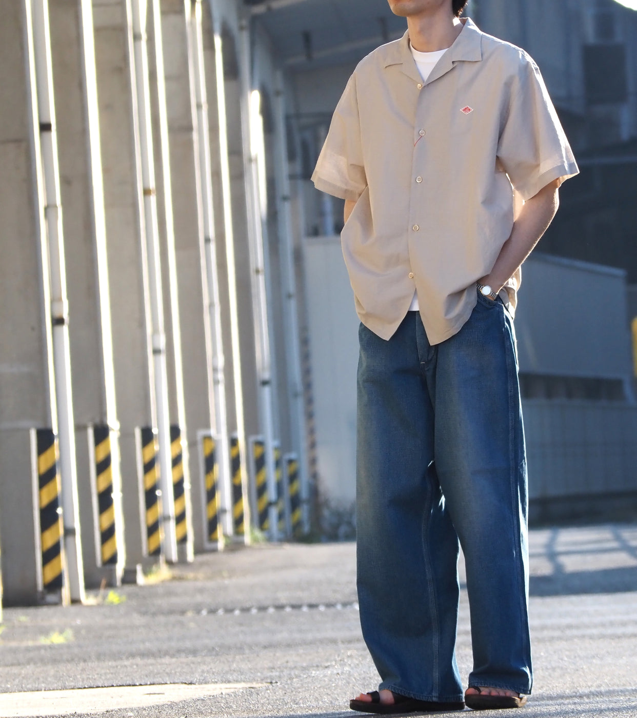 DANTON コットン リネン スラブ オープンカラー シャツ , Greige