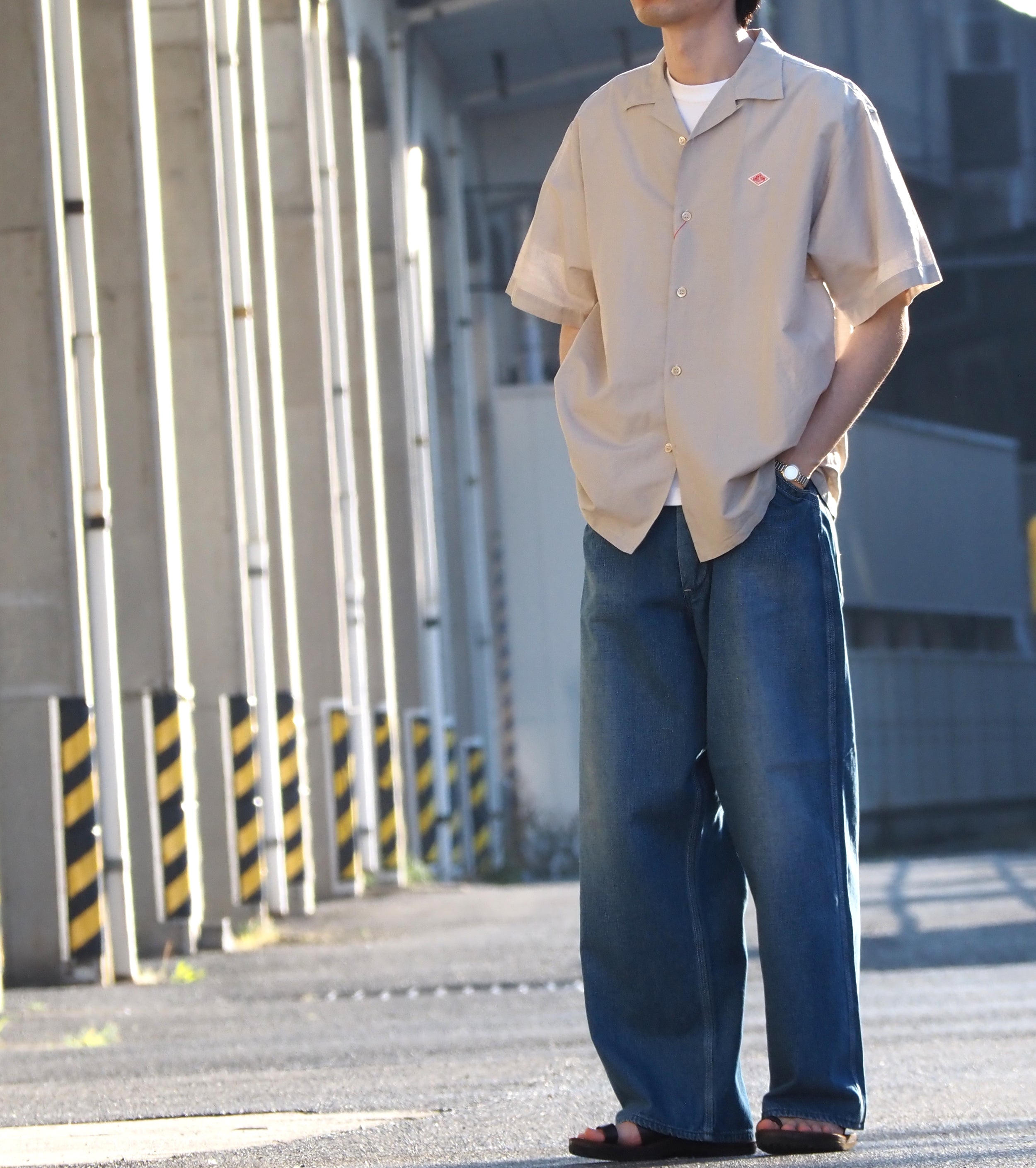 DANTON コットン リネン スラブ オープンカラー シャツ , Greige