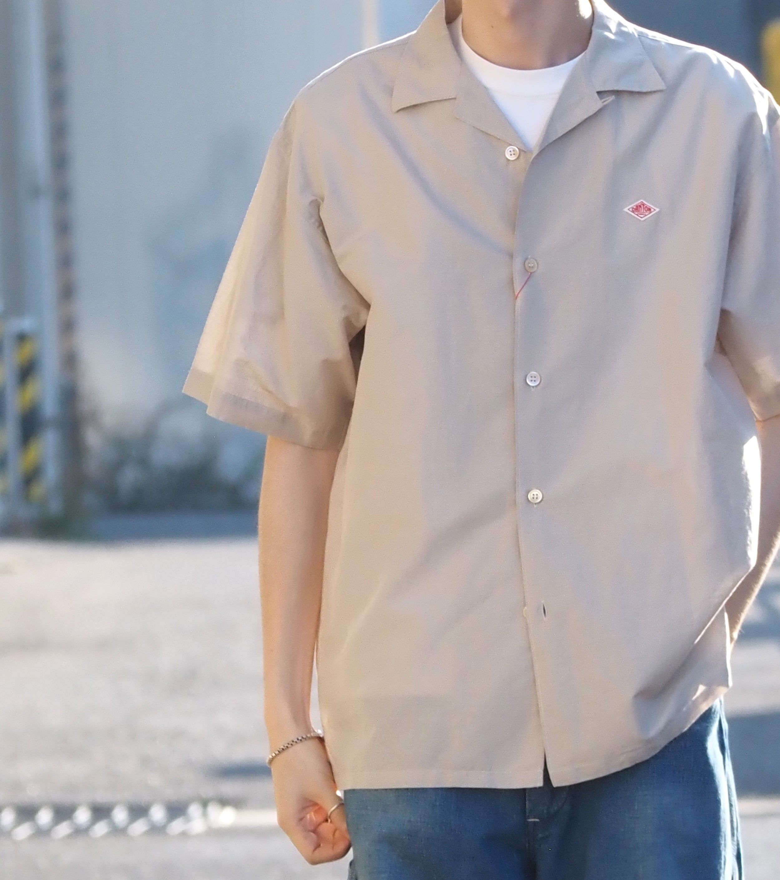 DANTON コットン リネン スラブ オープンカラー シャツ , Greige