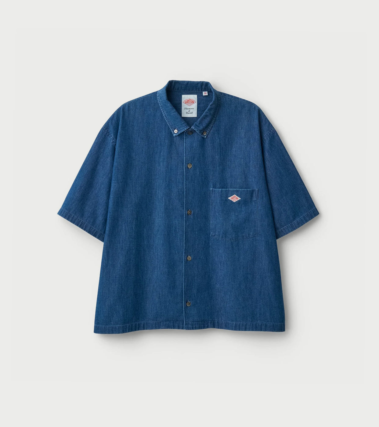 DANTON デニム ダンガリー ショートスリーブ ボタンダウン シャツ , Light Indigo