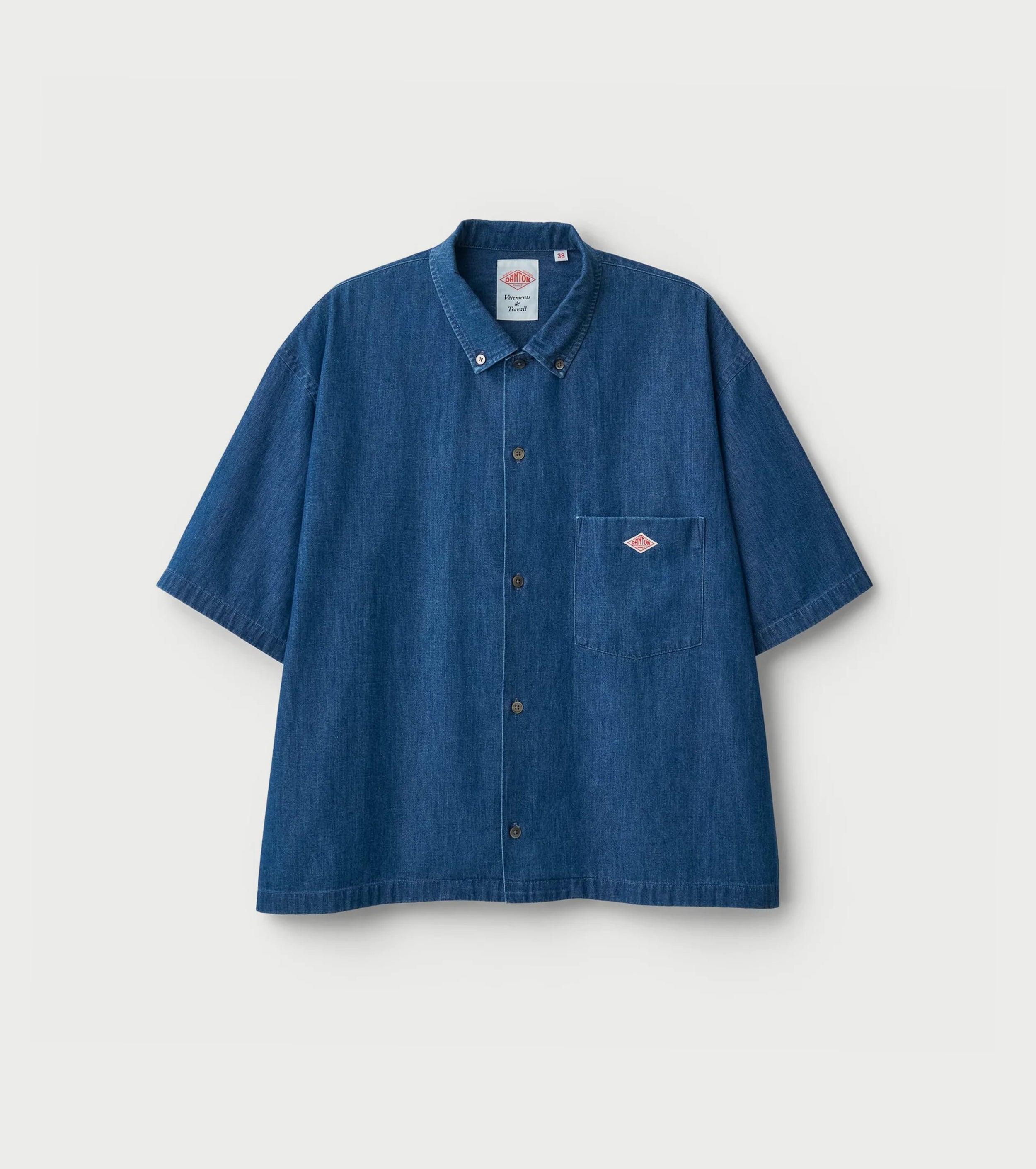 DANTON デニム ダンガリー ショートスリーブ ボタンダウン シャツ , Light Indigo