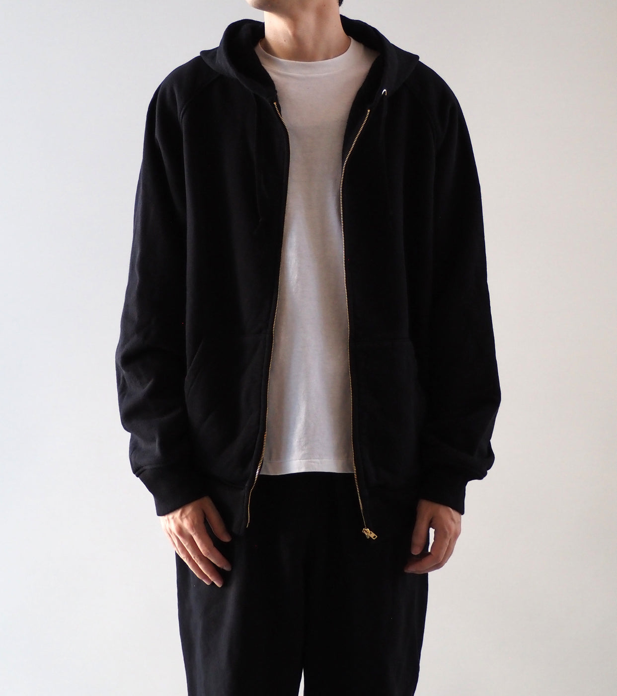 COMOLI コットン 裏毛 ジップパーカ , Black