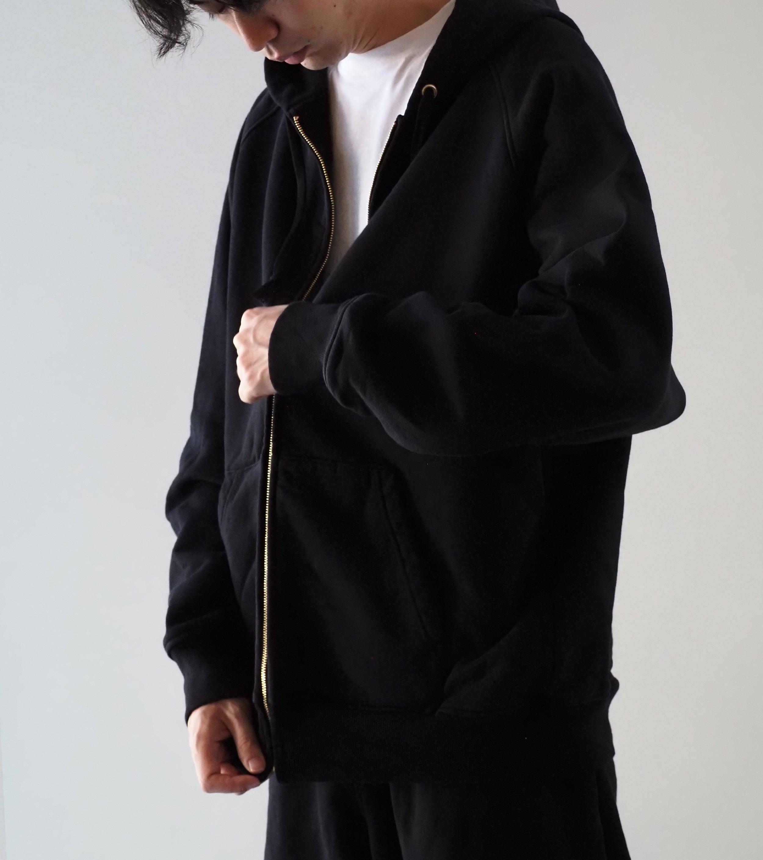 COMOLI コットン 裏毛 ジップパーカ , Black