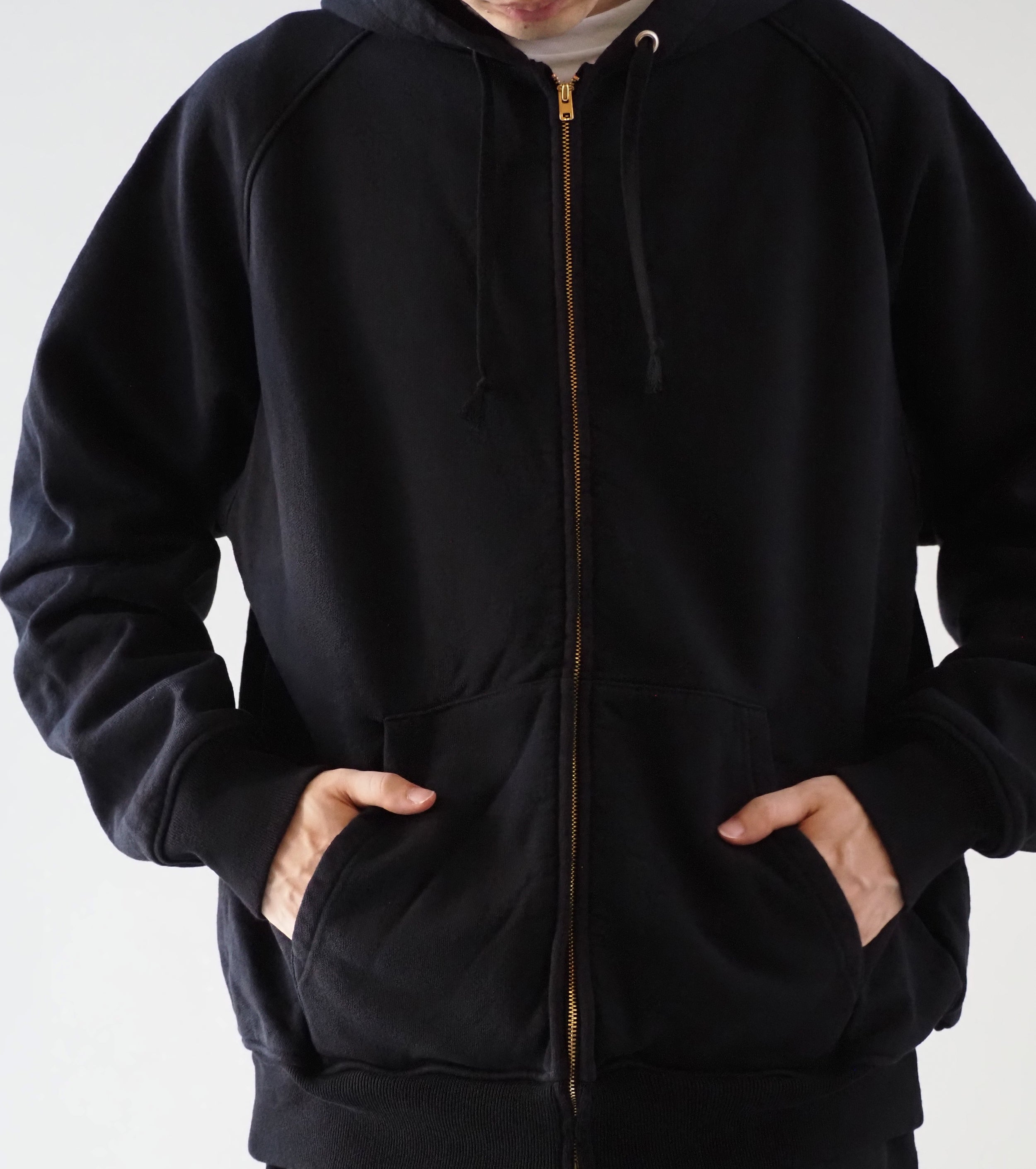 COMOLI コットン 裏毛 ジップパーカ , Black