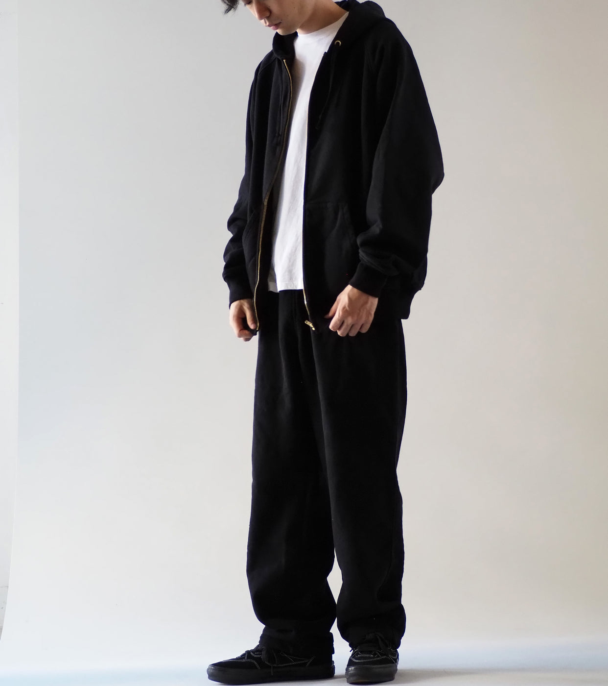 COMOLI コットン 裏毛 ジップパーカ , Black