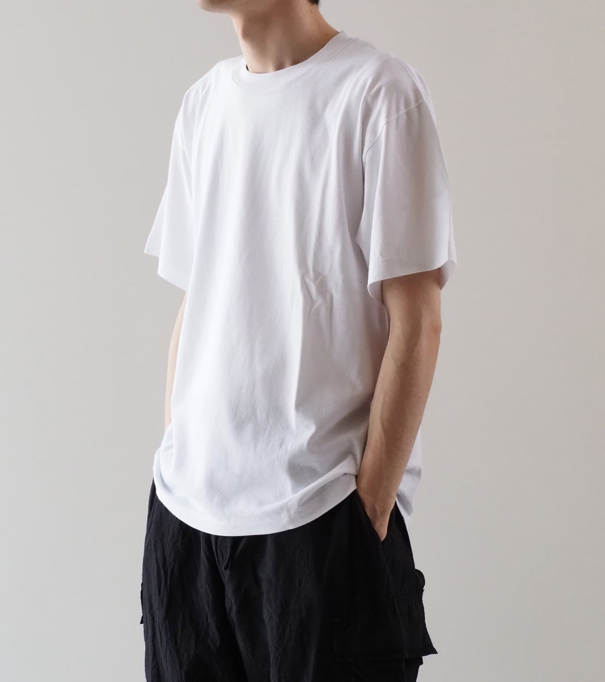 COMOLI コットン ジャージ 半袖 Tシャツ , White – Navyblue