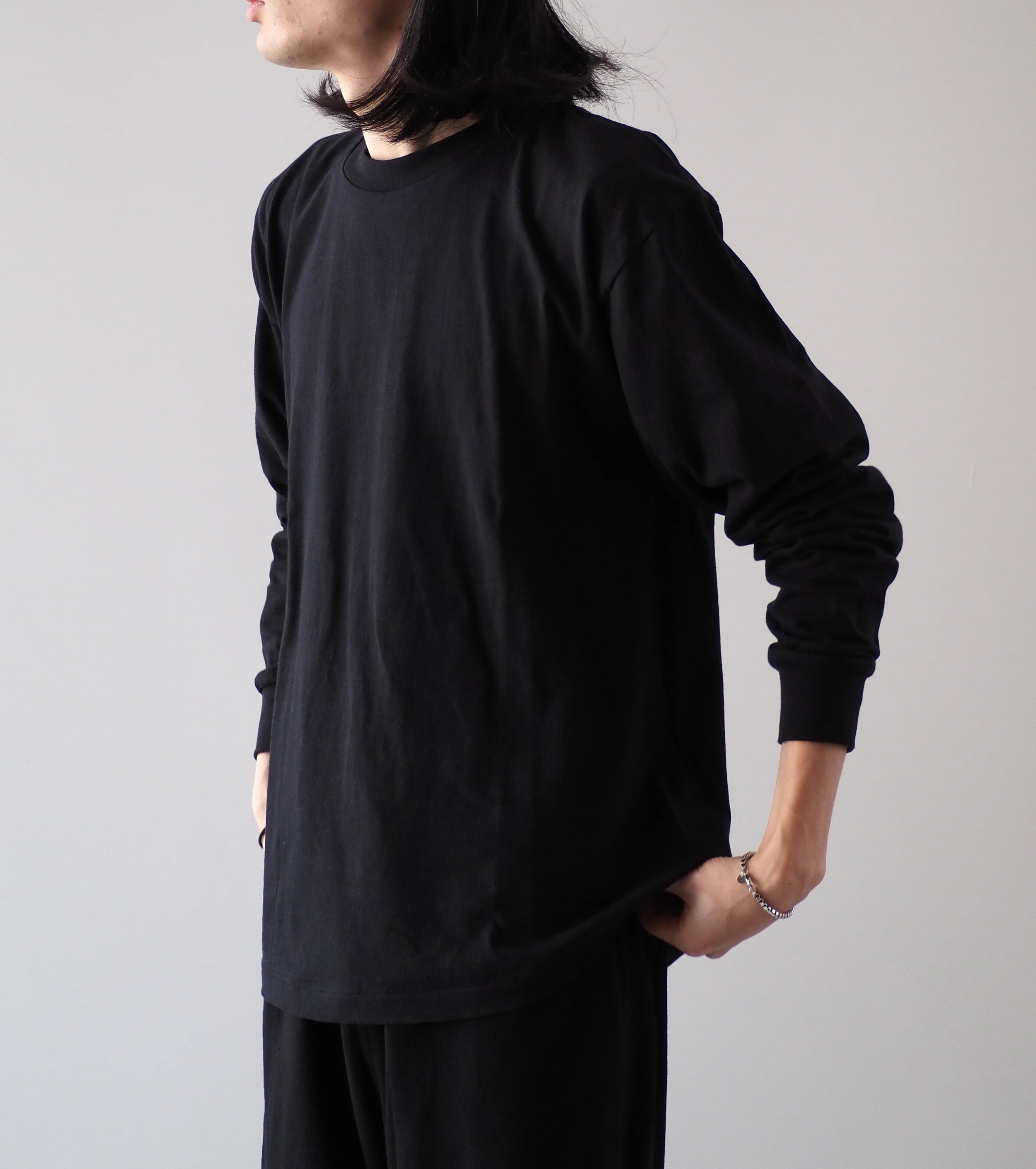 COMOLI  Cotton Jersey Long Sleeve Tee Shirt, Fade Black