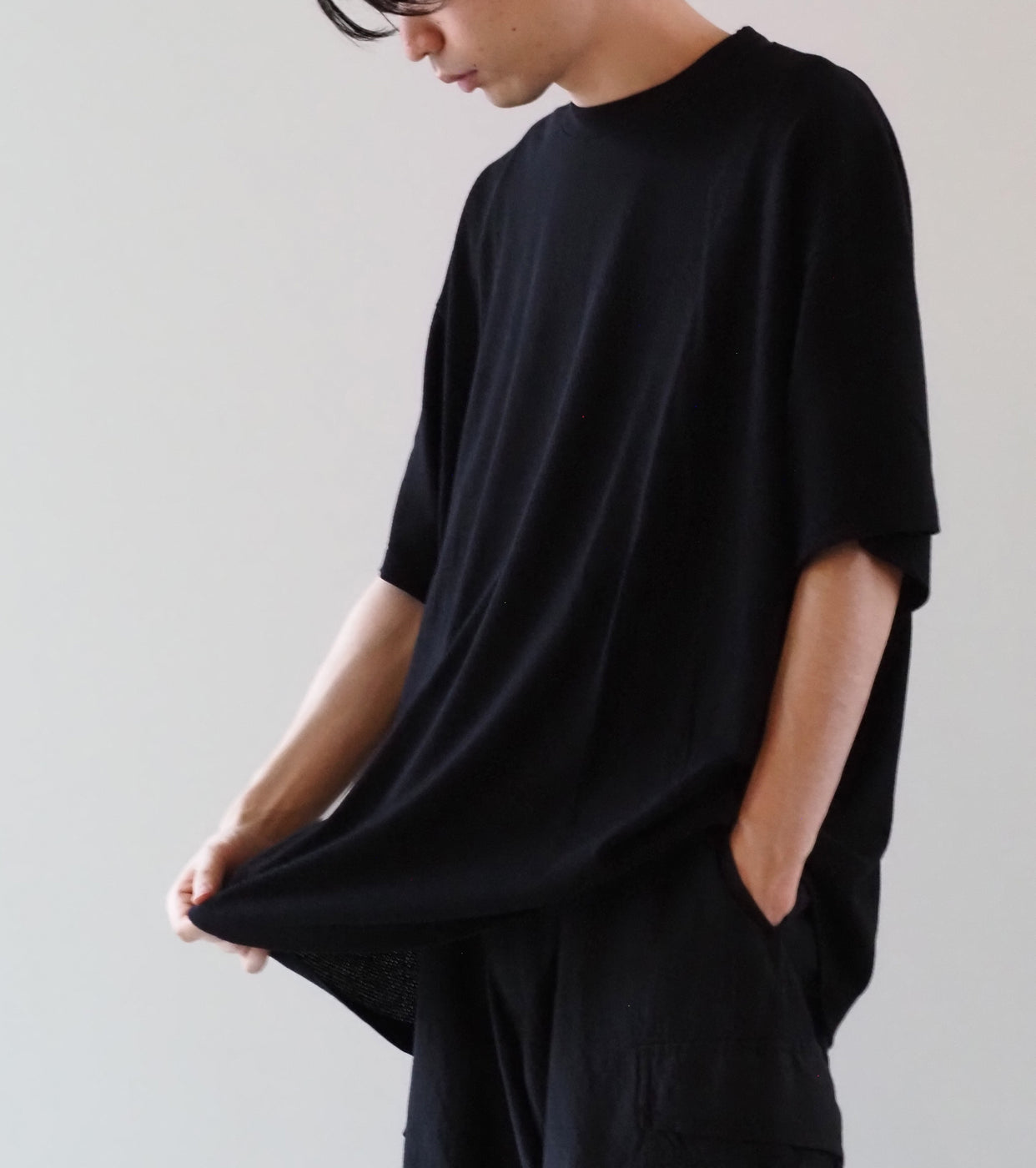 COMOLI コットン メッシュ 半袖 Tシャツ , Black