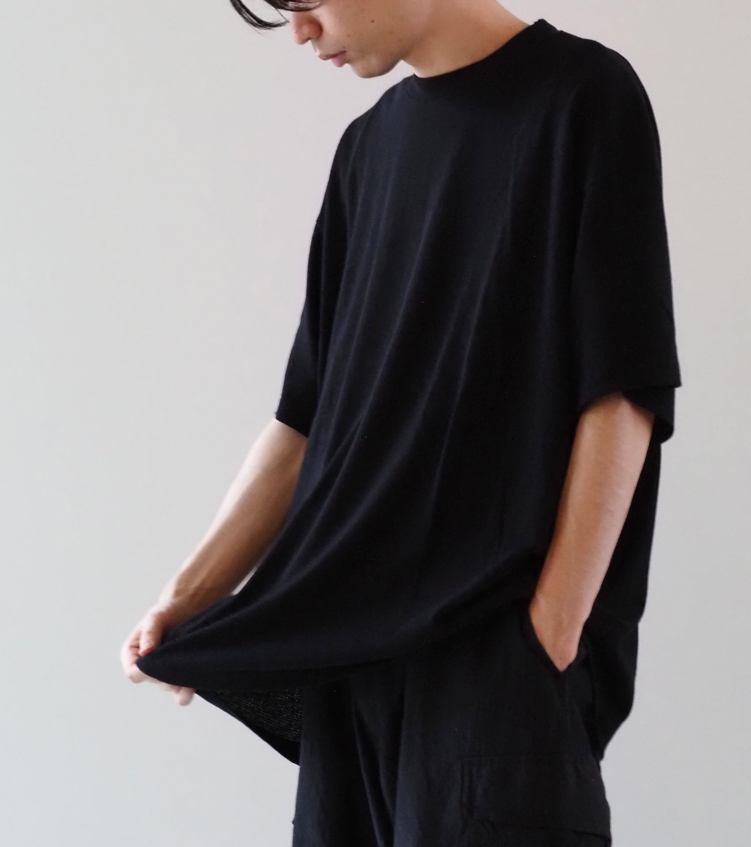 COMOLI コットン メッシュ 半袖 Tシャツ , Black