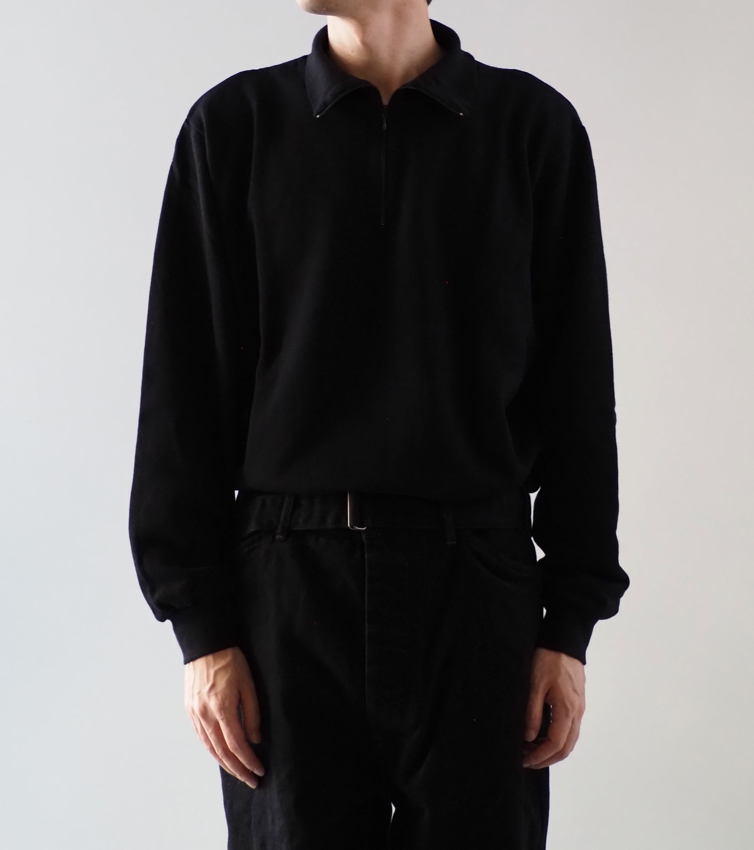 COMOLI コットン ジャージ  ハーフ ジップ , Black