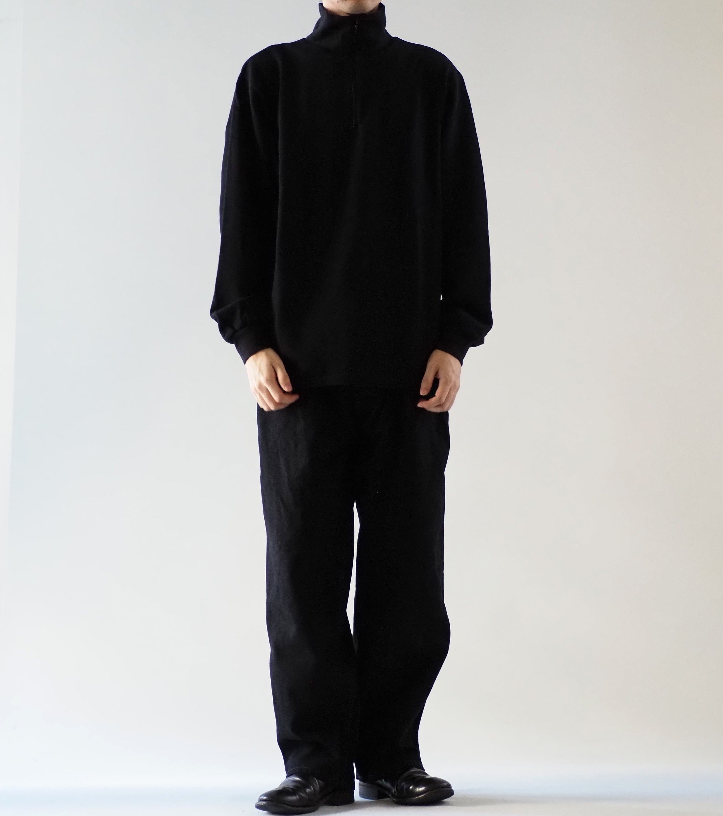 COMOLI コットン ジャージ  ハーフ ジップ , Black