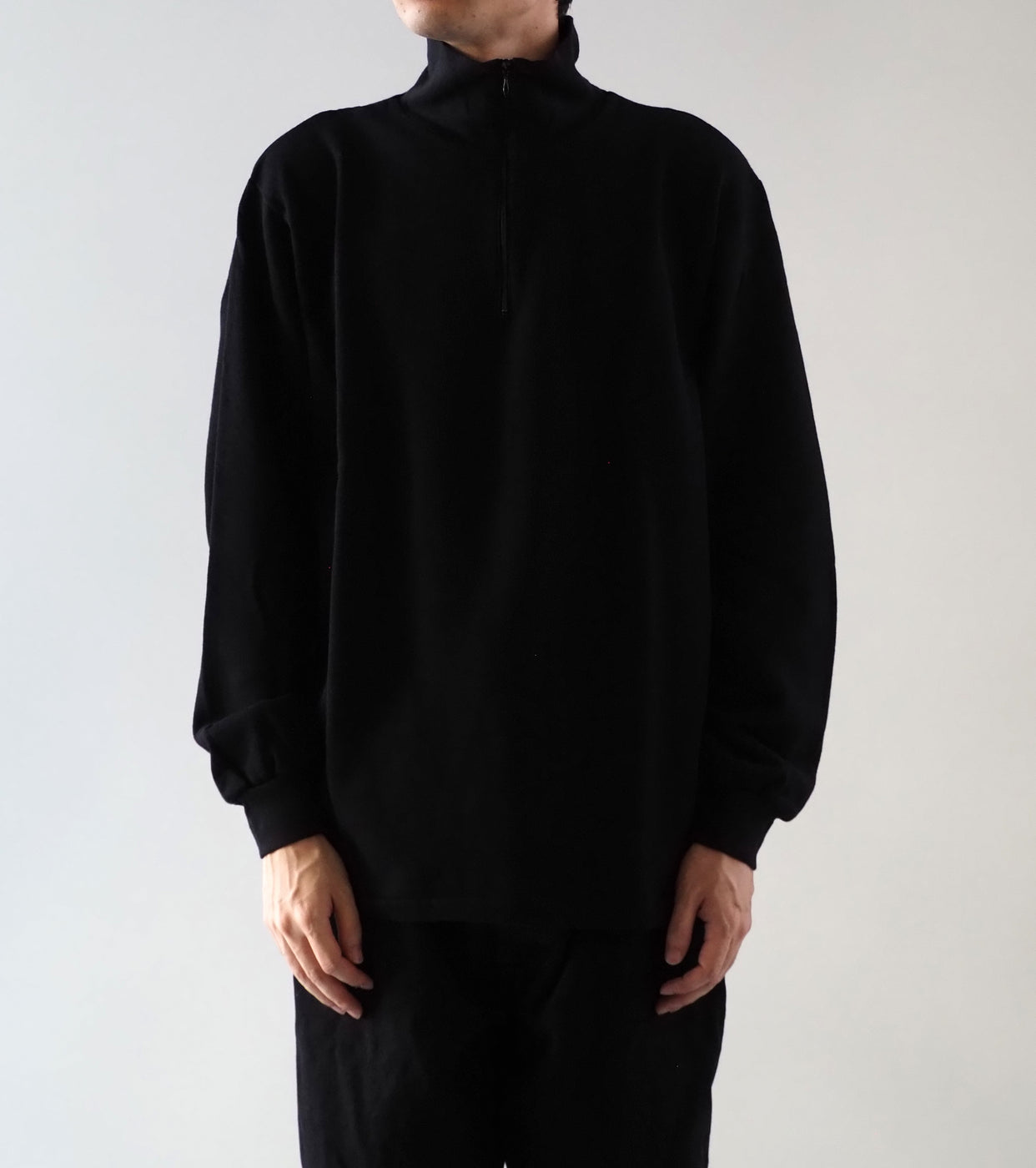 COMOLI コットン ジャージ  ハーフ ジップ , Black