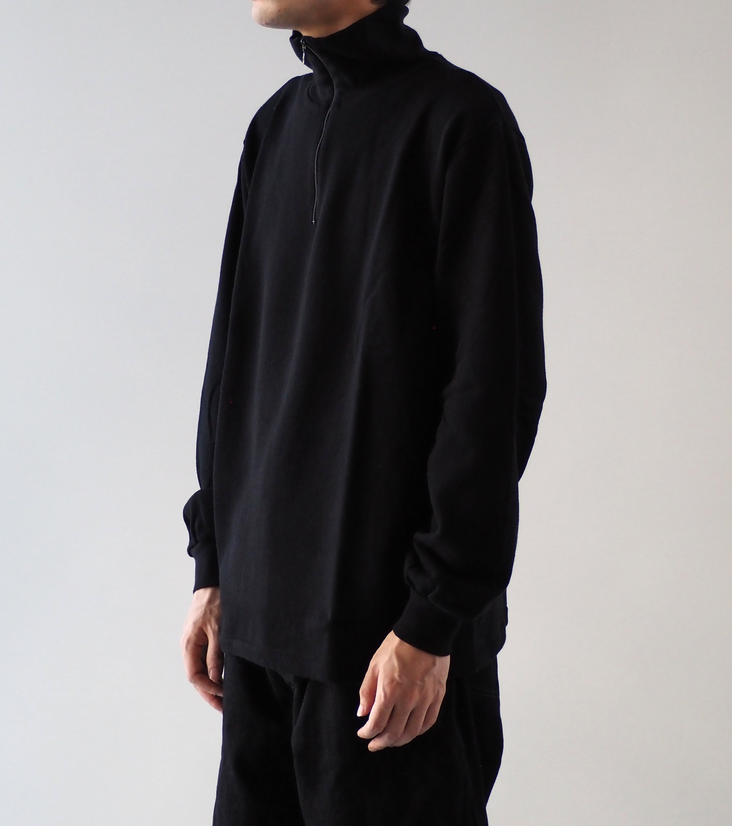COMOLI コットン ジャージ  ハーフ ジップ , Black
