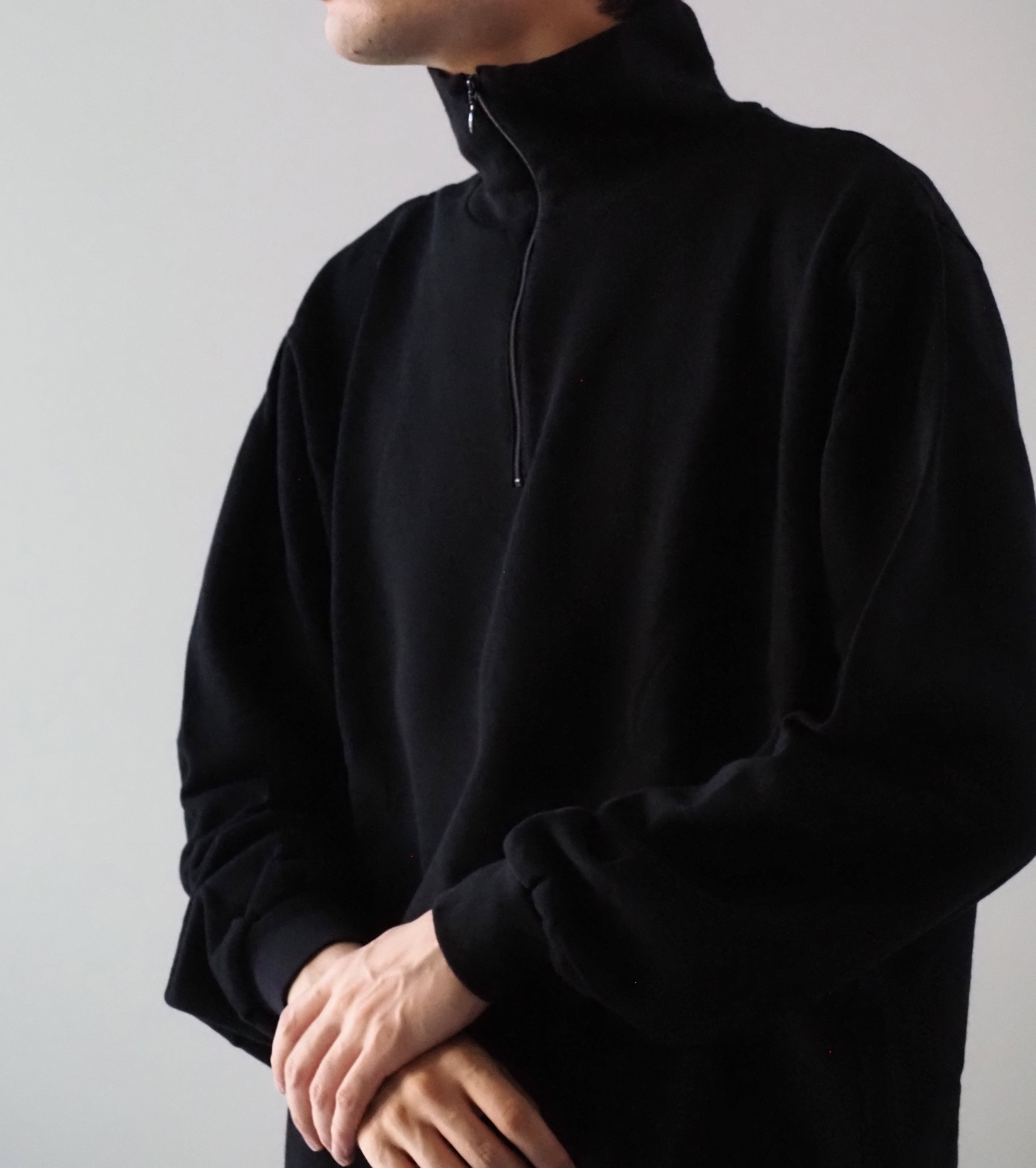COMOLI コットン ジャージ  ハーフ ジップ , Black