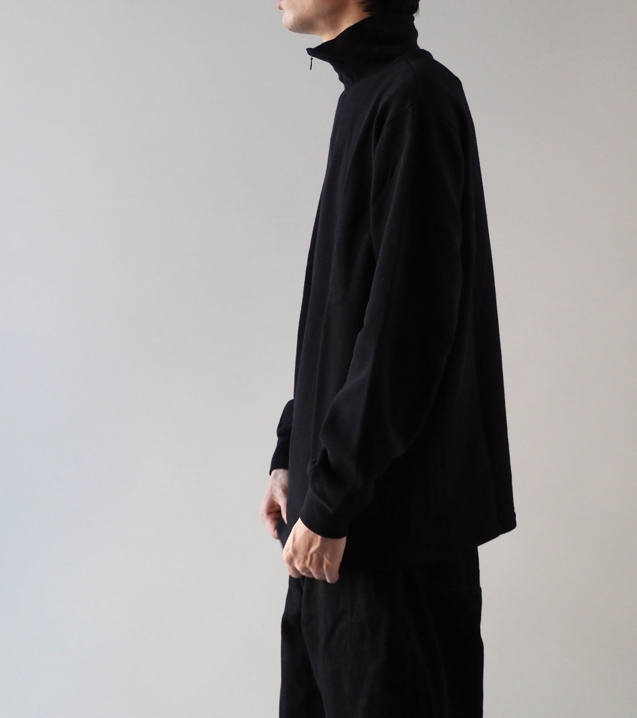 COMOLI コットン ジャージ  ハーフ ジップ , Black