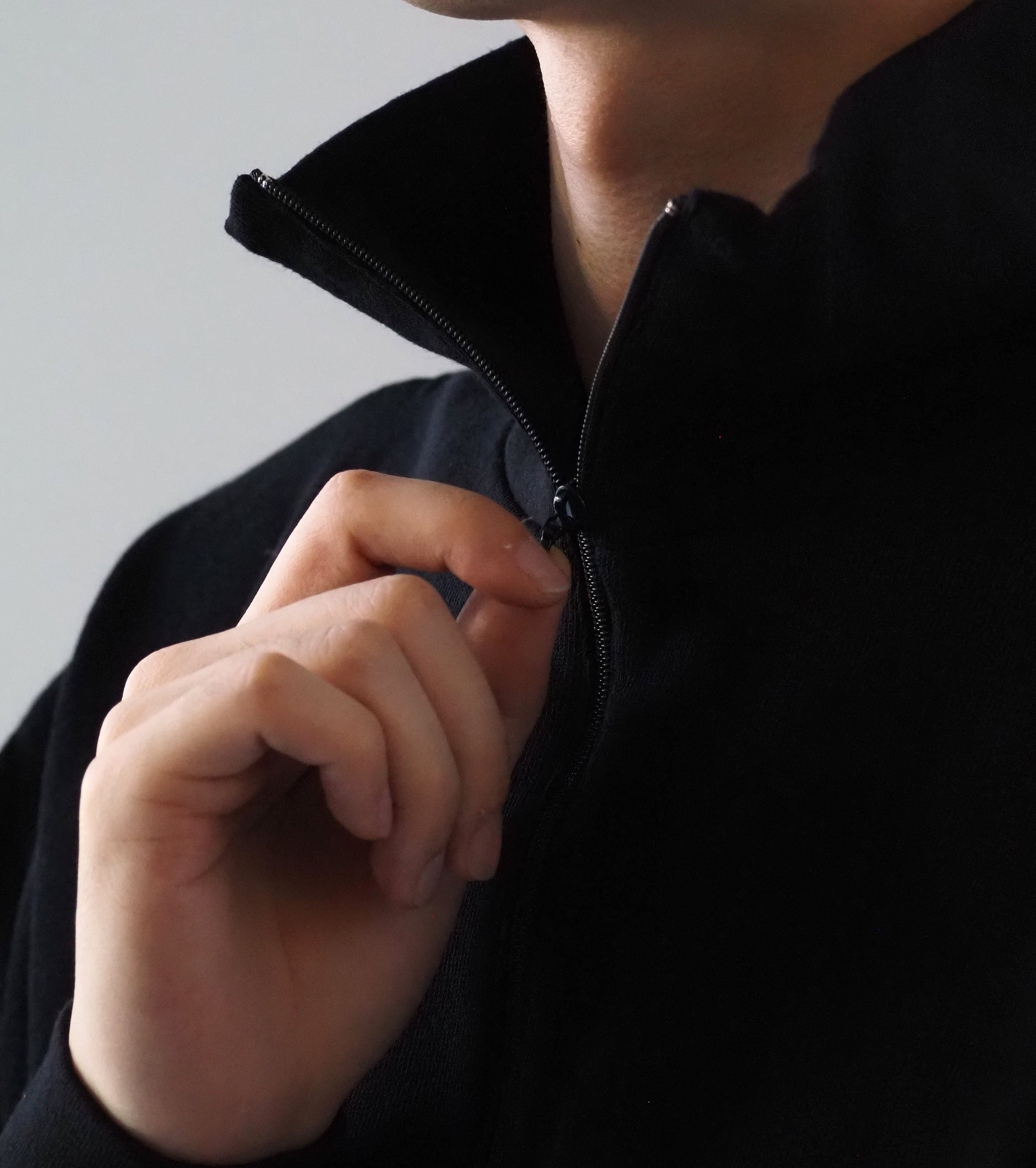 COMOLI コットン ジャージ  ハーフ ジップ , Black