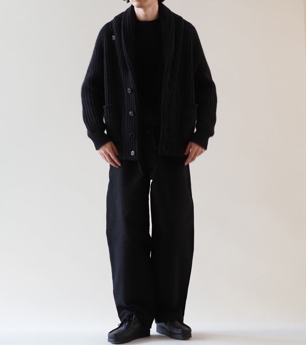 COMOLI カシミヤ 和紙 ショールカラー ニット ジャケット , Black