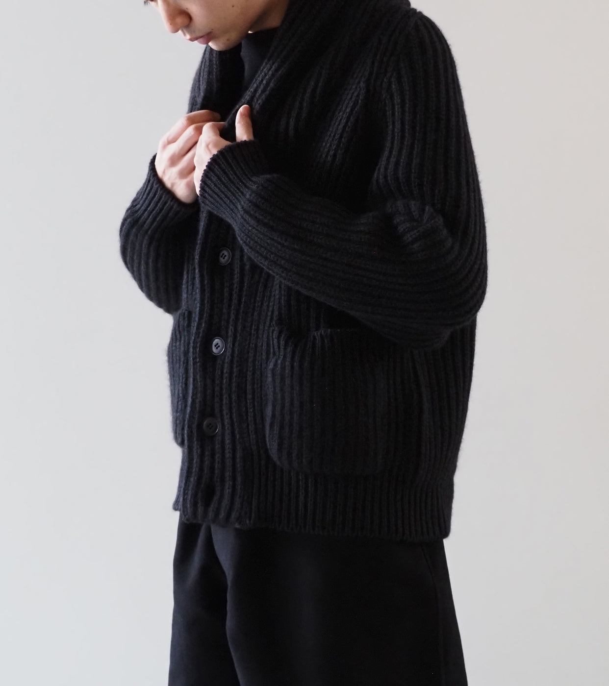 COMOLI カシミヤ 和紙 ショールカラー ニット ジャケット , Black