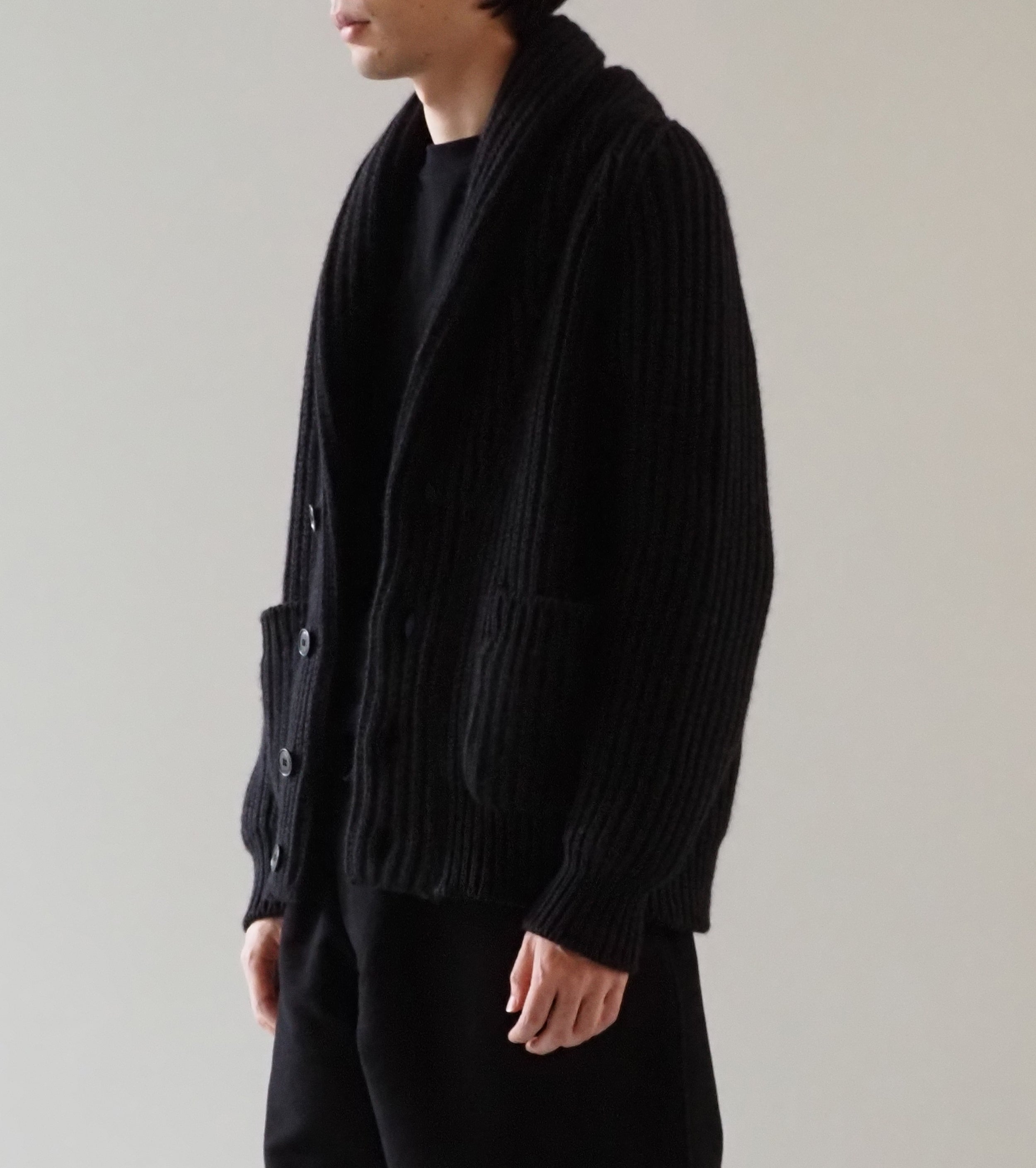 COMOLI カシミヤ 和紙 ショールカラー ニット ジャケット , Black