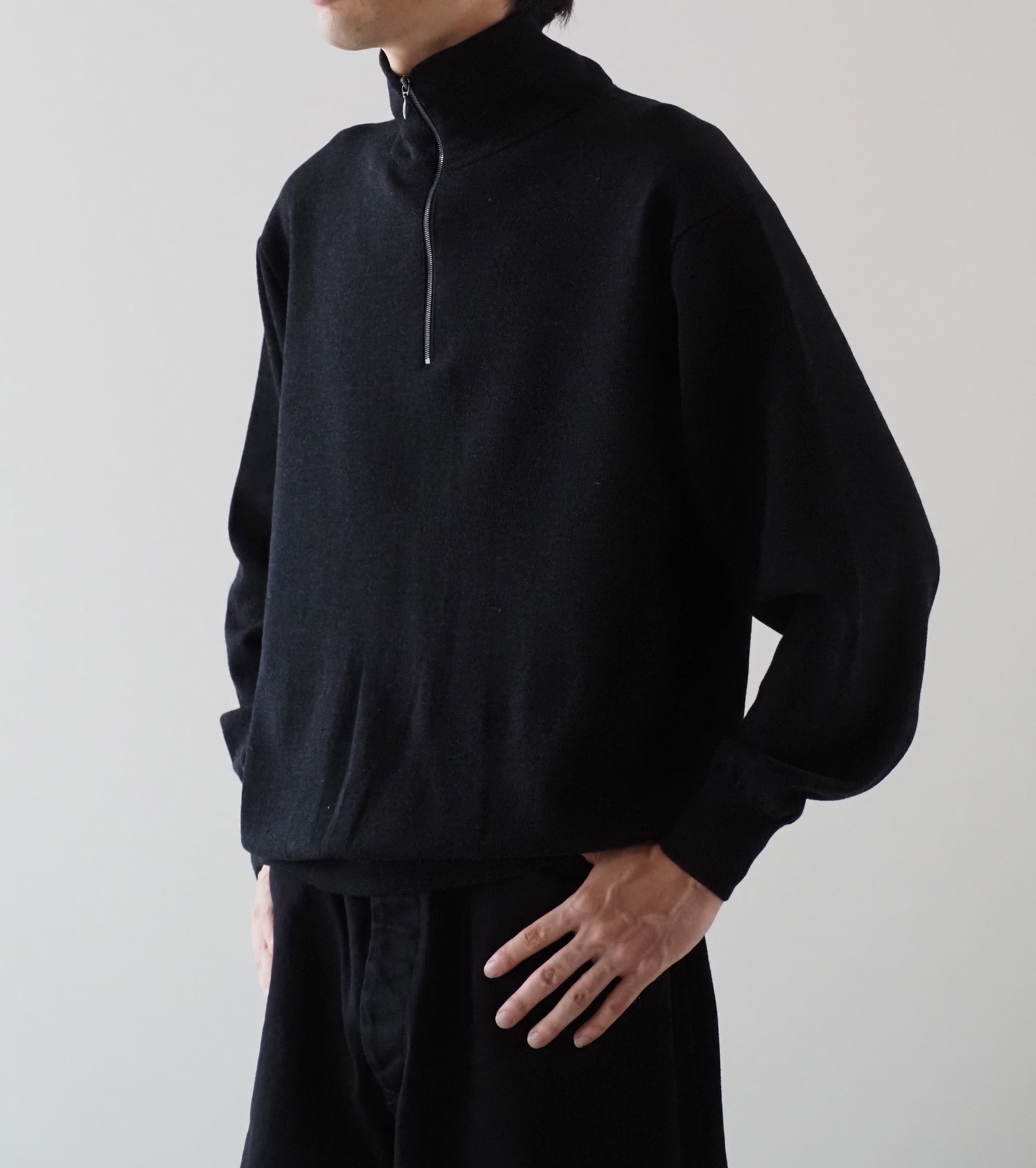 COMOLI ウール ハーフ ジップ ニット, Charcoal
