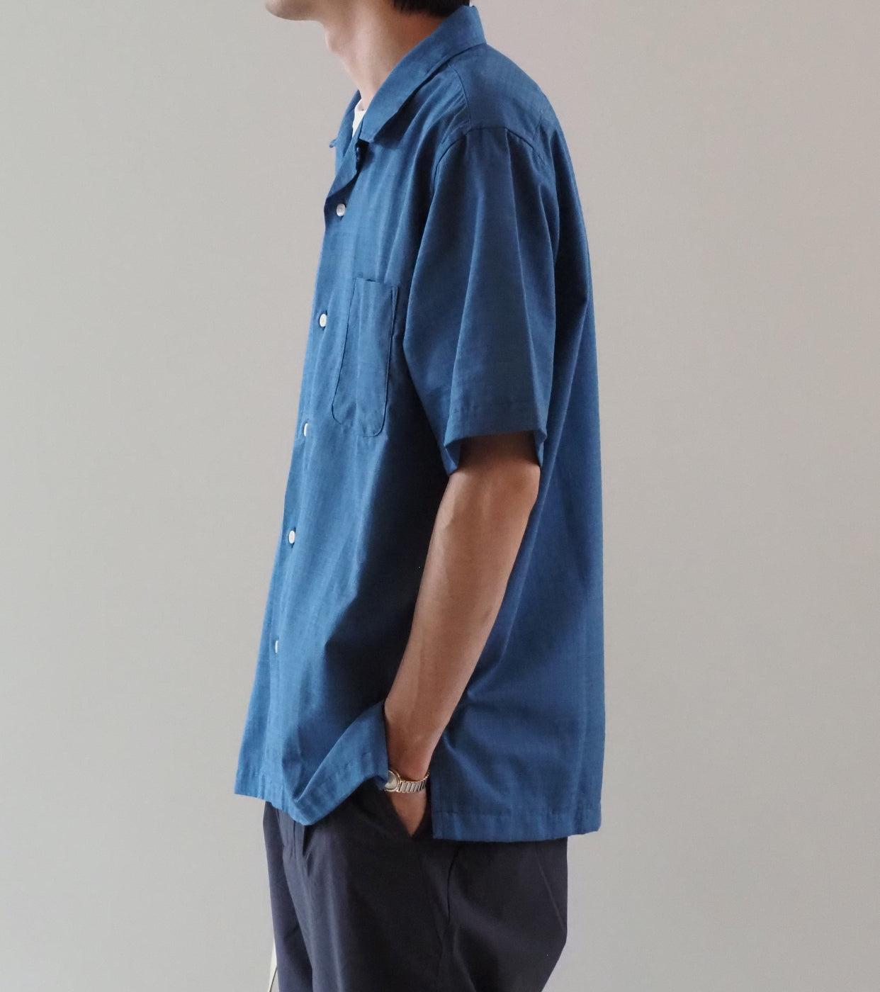 nanamica Open Collar Panama S/S Shirt , Sax
