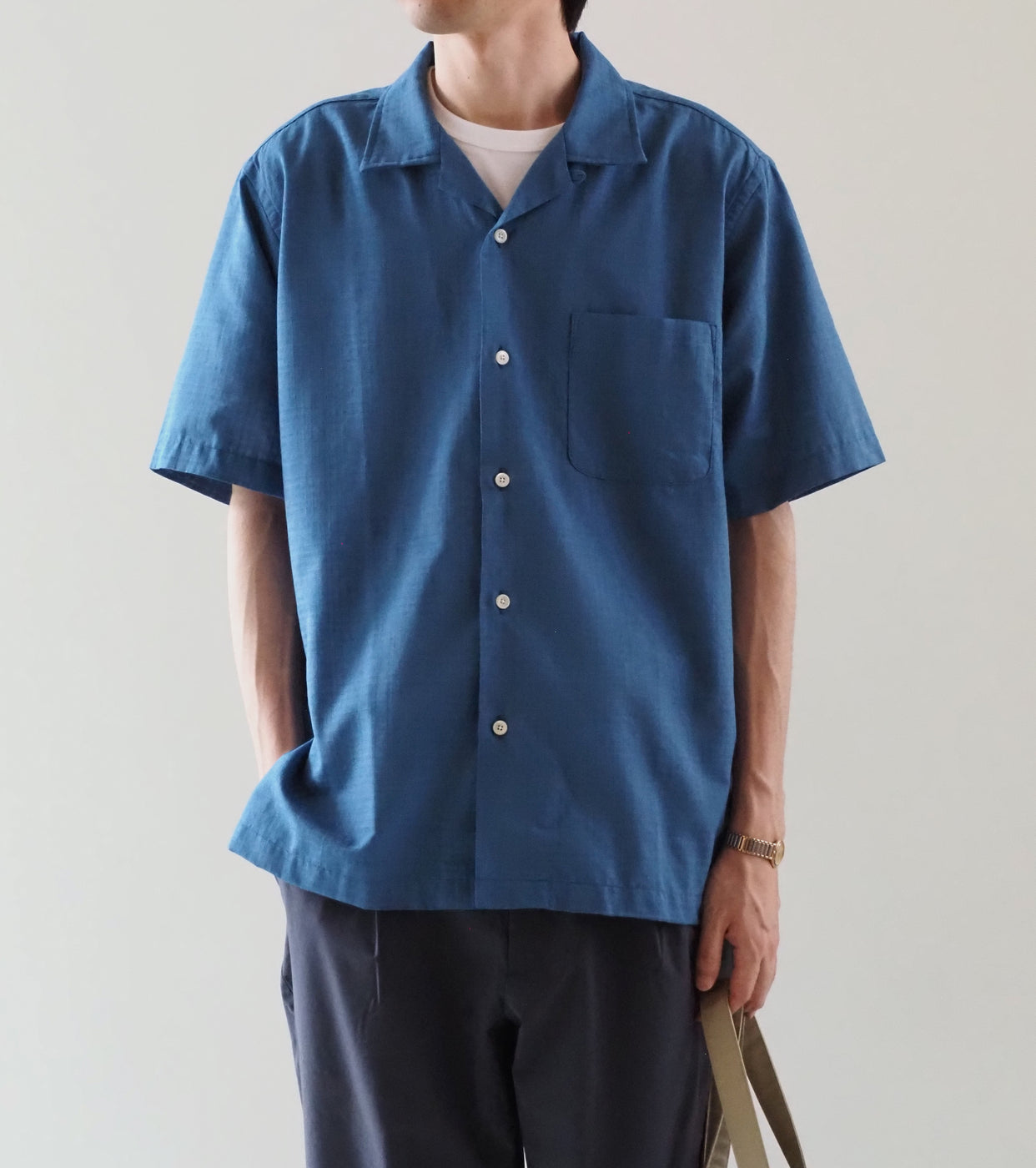 nanamica Open Collar Panama S/S Shirt , Sax