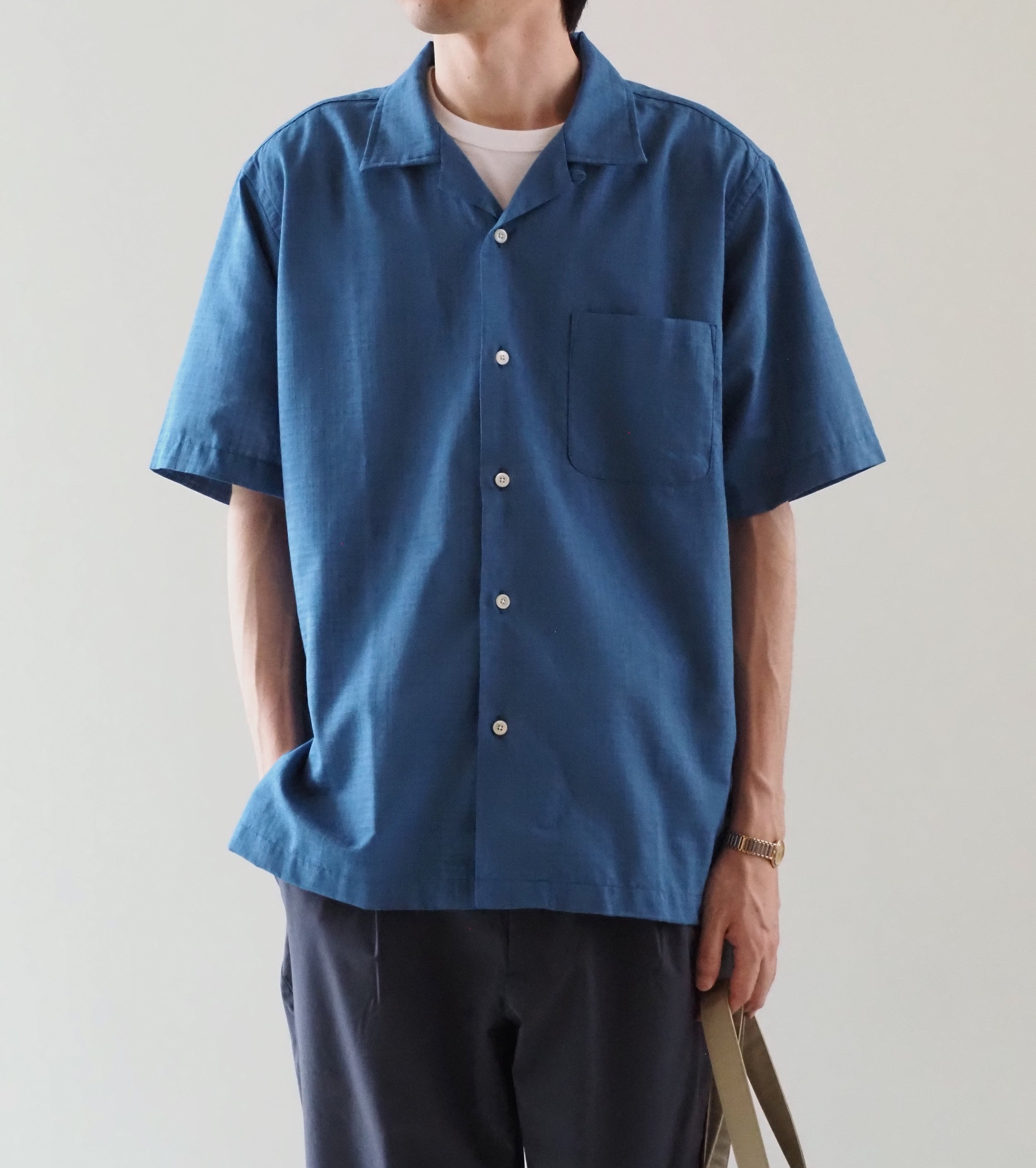 nanamica Open Collar Panama S/S Shirt , Sax