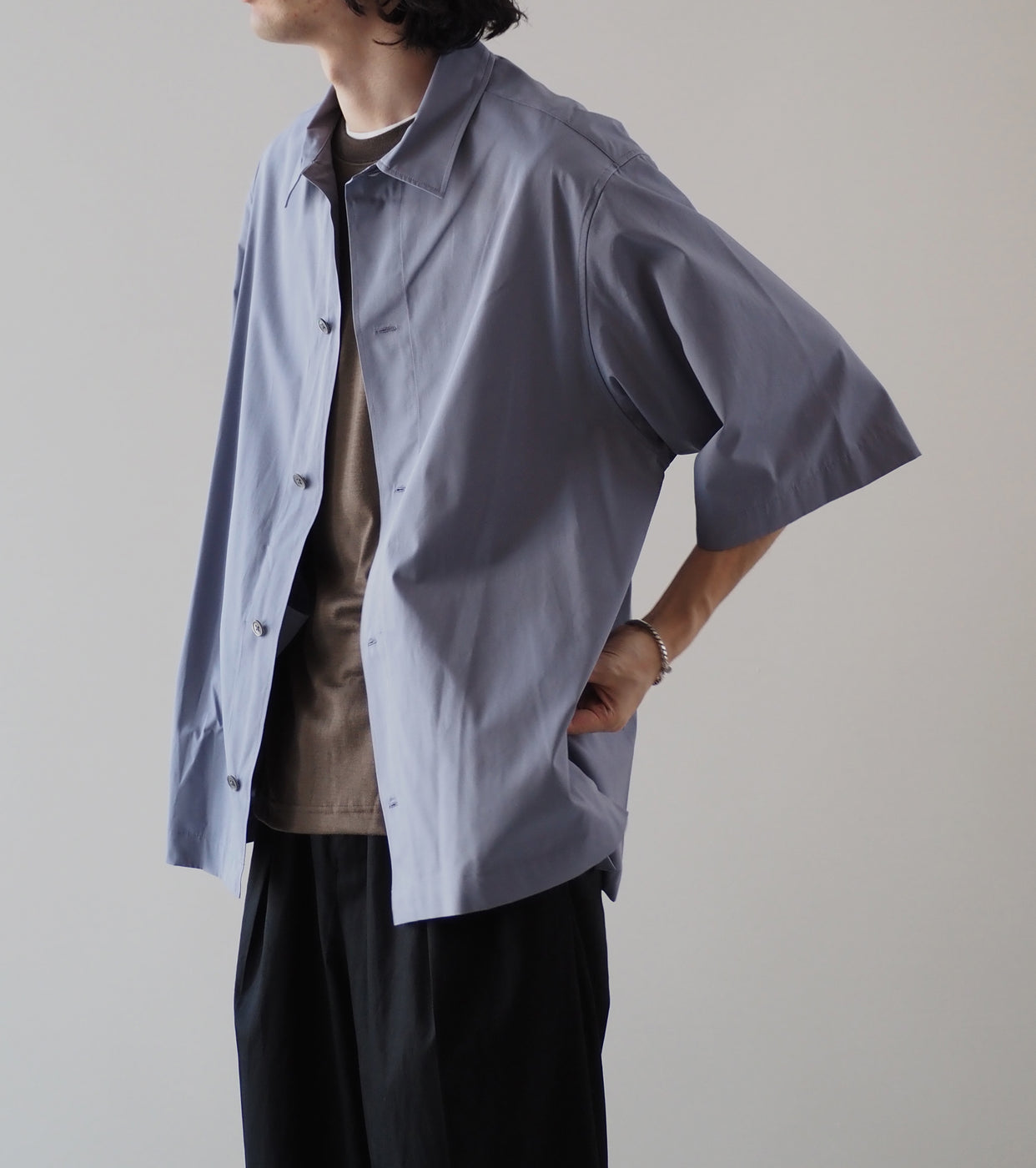 Nonnotte ドレーピング ハーフスリーブシャツ タイプD クリア ヘビー ブロード クロス , Blue Granite