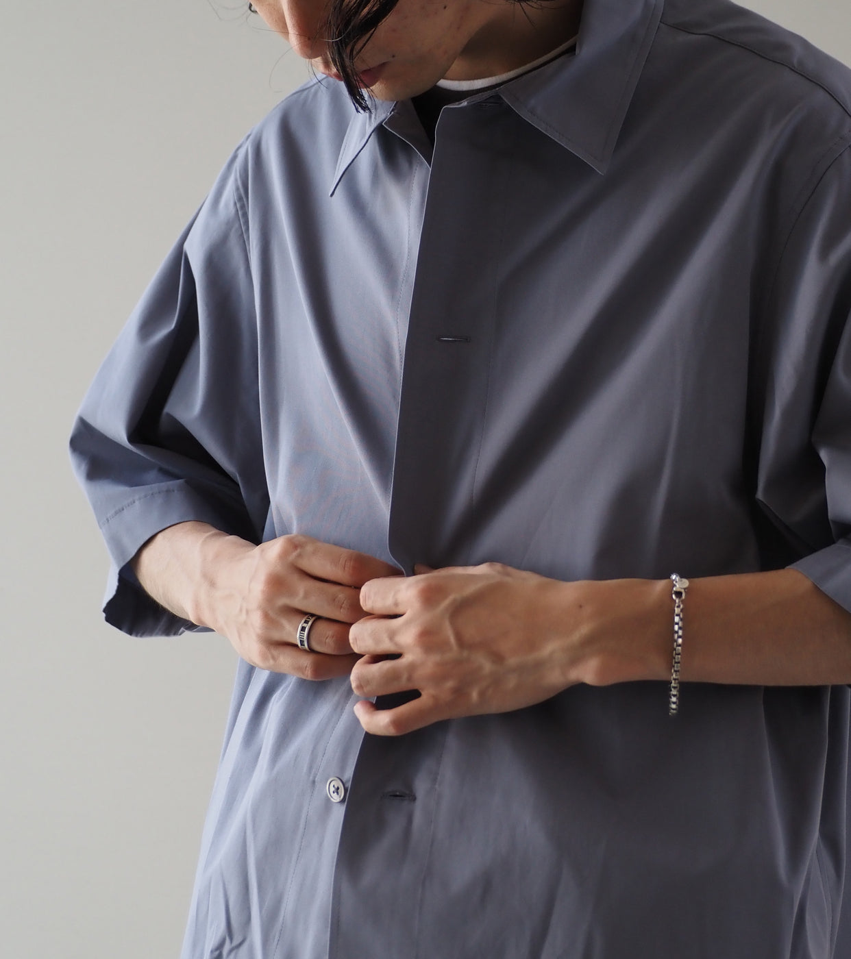 Nonnotte ドレーピング ハーフスリーブシャツ タイプD クリア ヘビー ブロード クロス , Blue Granite
