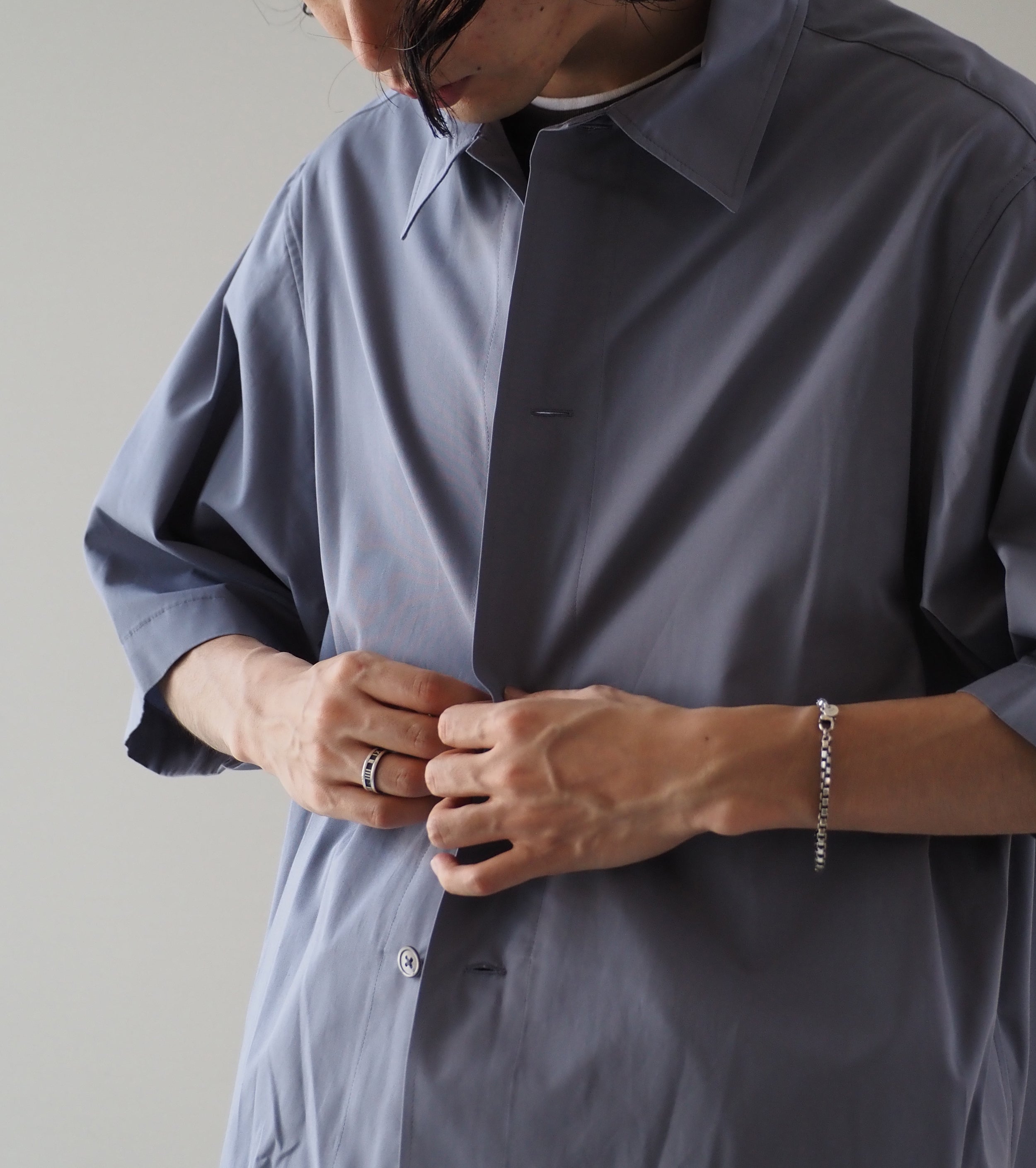 Nonnotte ドレーピング ハーフスリーブシャツ タイプD クリア ヘビー ブロード クロス , Blue Granite
