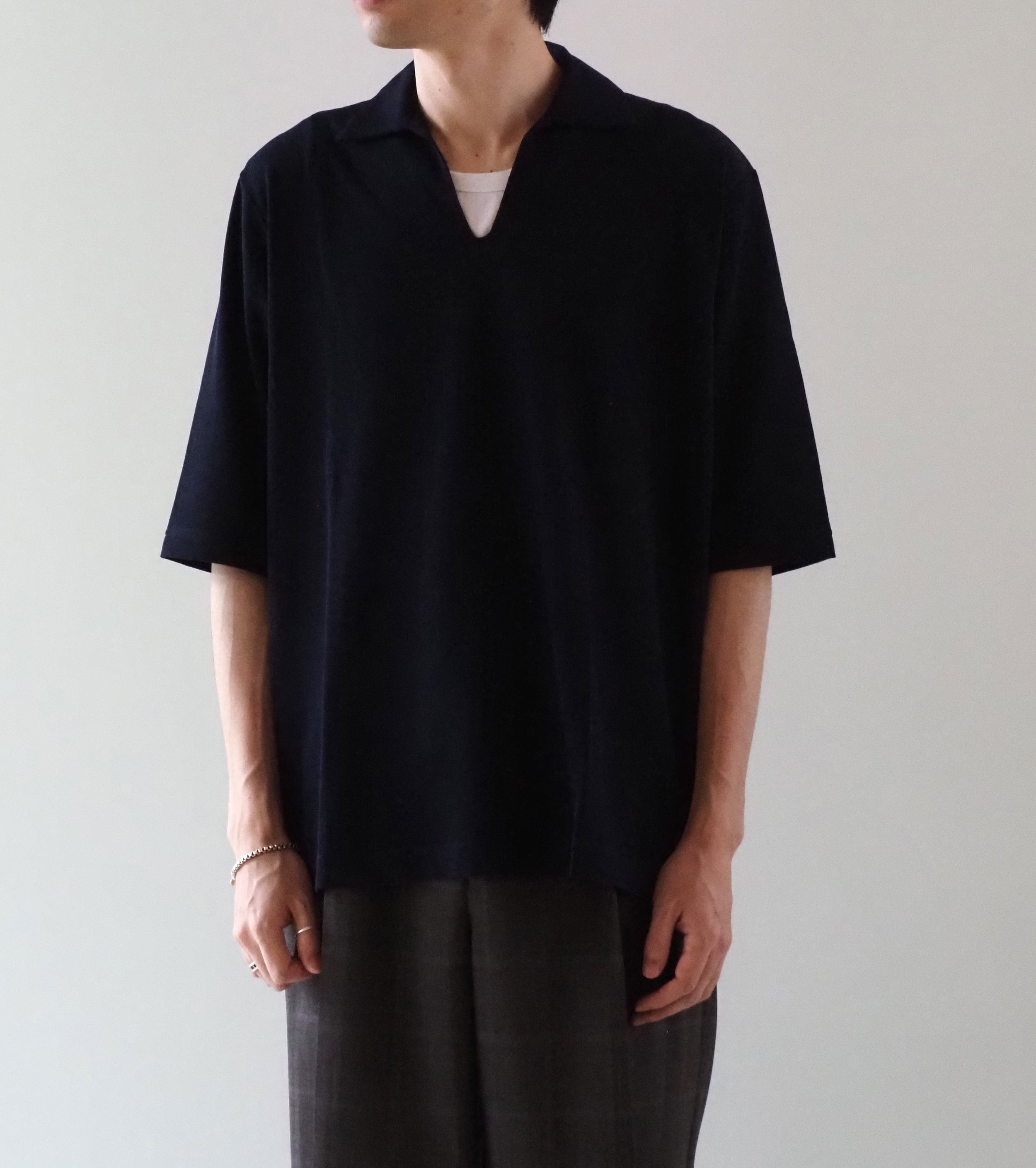 MAATEE＆SONS  ショートスリーブ スキッパー コットン クレープ , Navy